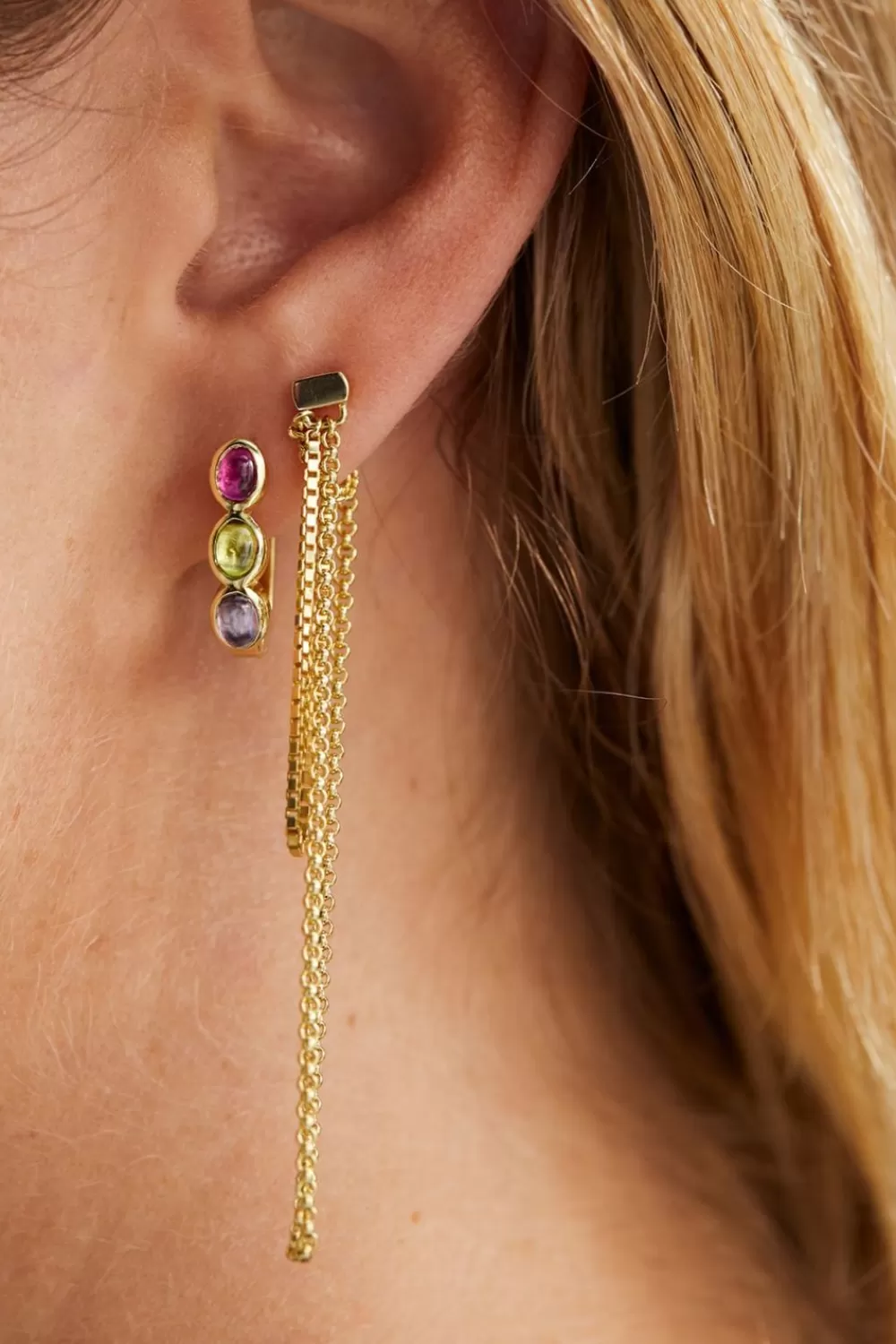 Dames Anna Nina Sieraden>Anna+Nina Gold Plated Single Triple Chain Stud Oorbel