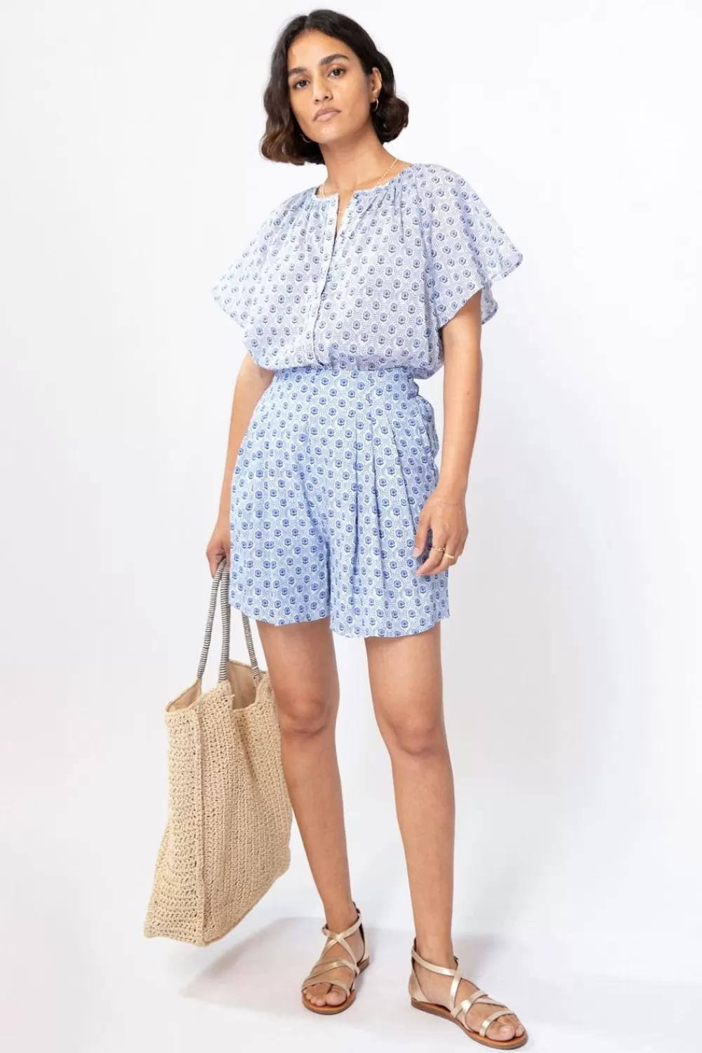 Dames Sissy-Boy Broeken>Blauwe Wijde Shorts Met Minimal Flower Print
