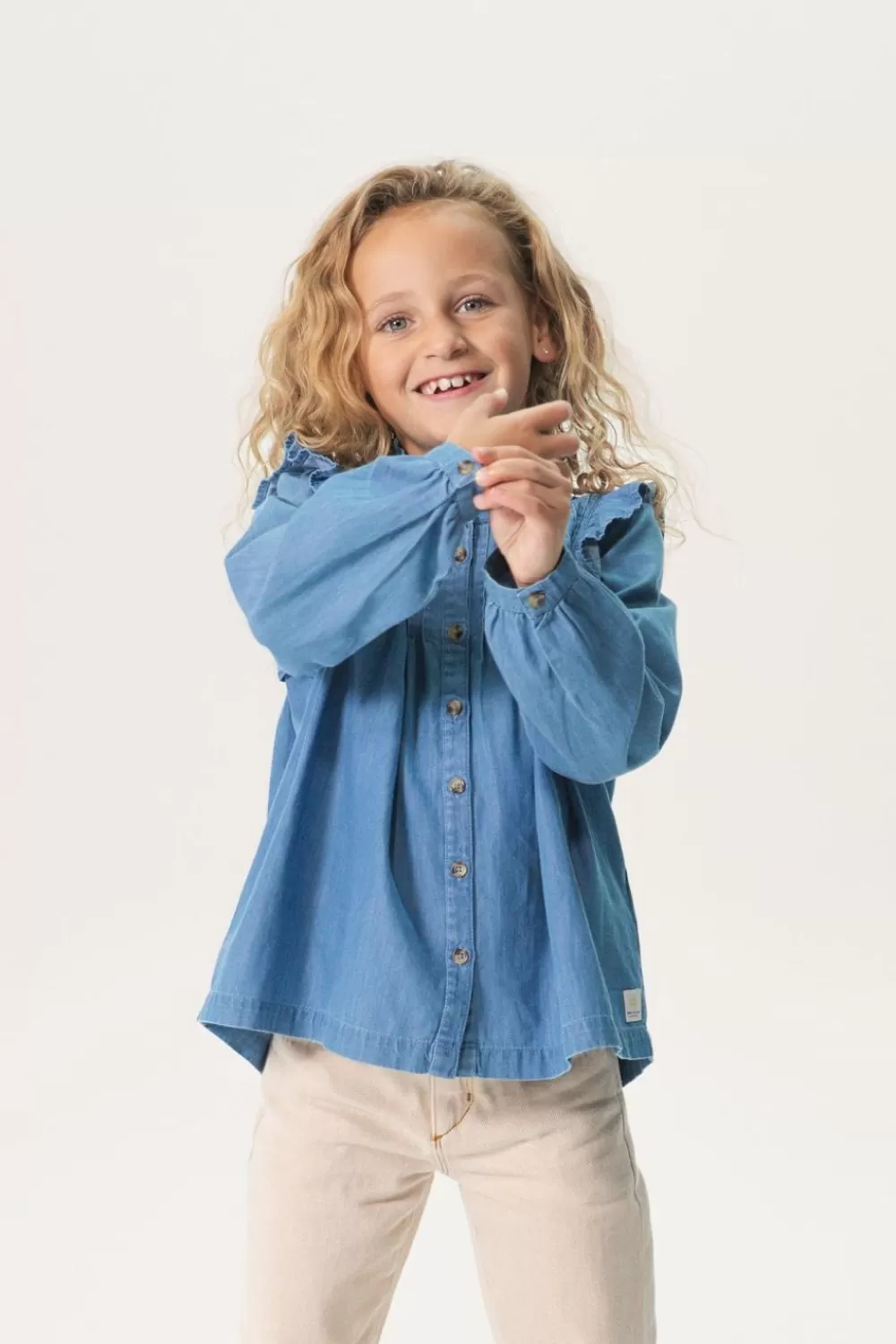 Kids Sissy-Boy Blouses>Denim Blouse Met Ruffle Details En Pintucks