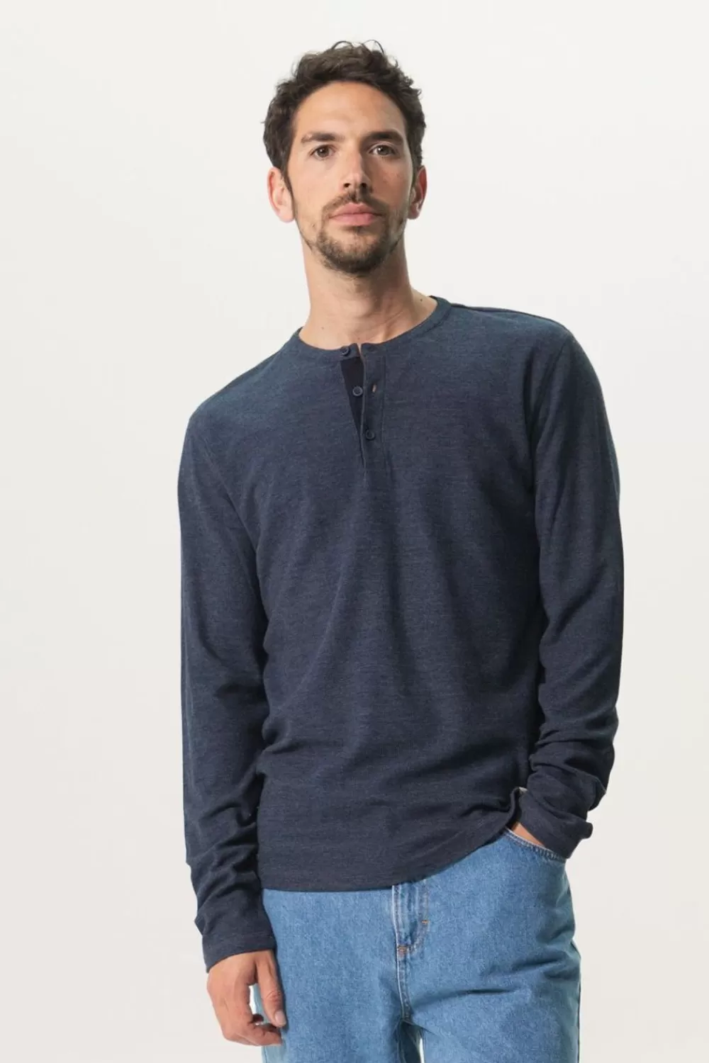 Heren Sissy-Boy T-Shirts>Donkerblauw Katoenen Henley T-Shirt