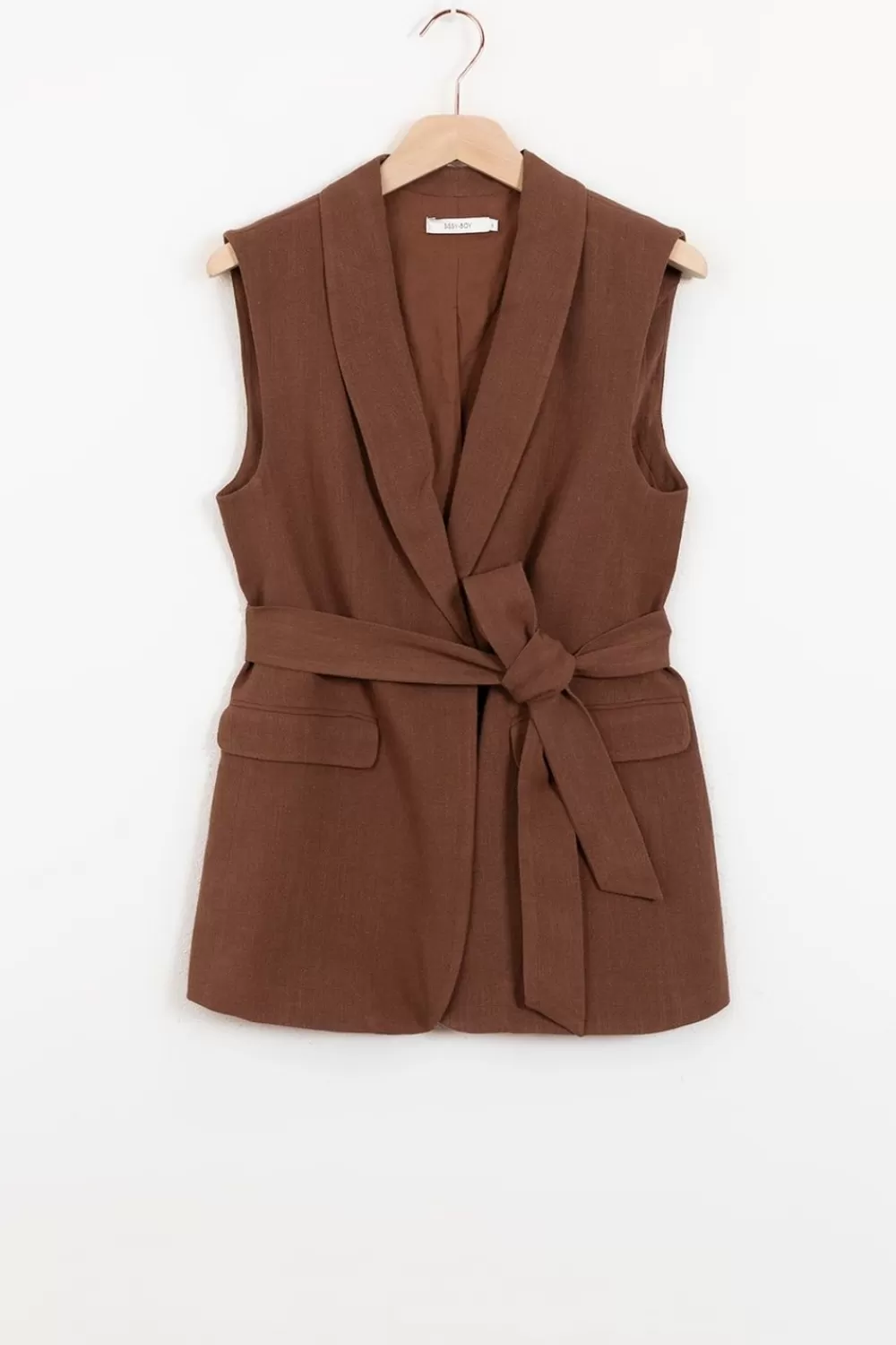 Dames Sissy-Boy Blazers, Jasjes & Gilets>Donkerbruin Linnen Gilet Met Riem