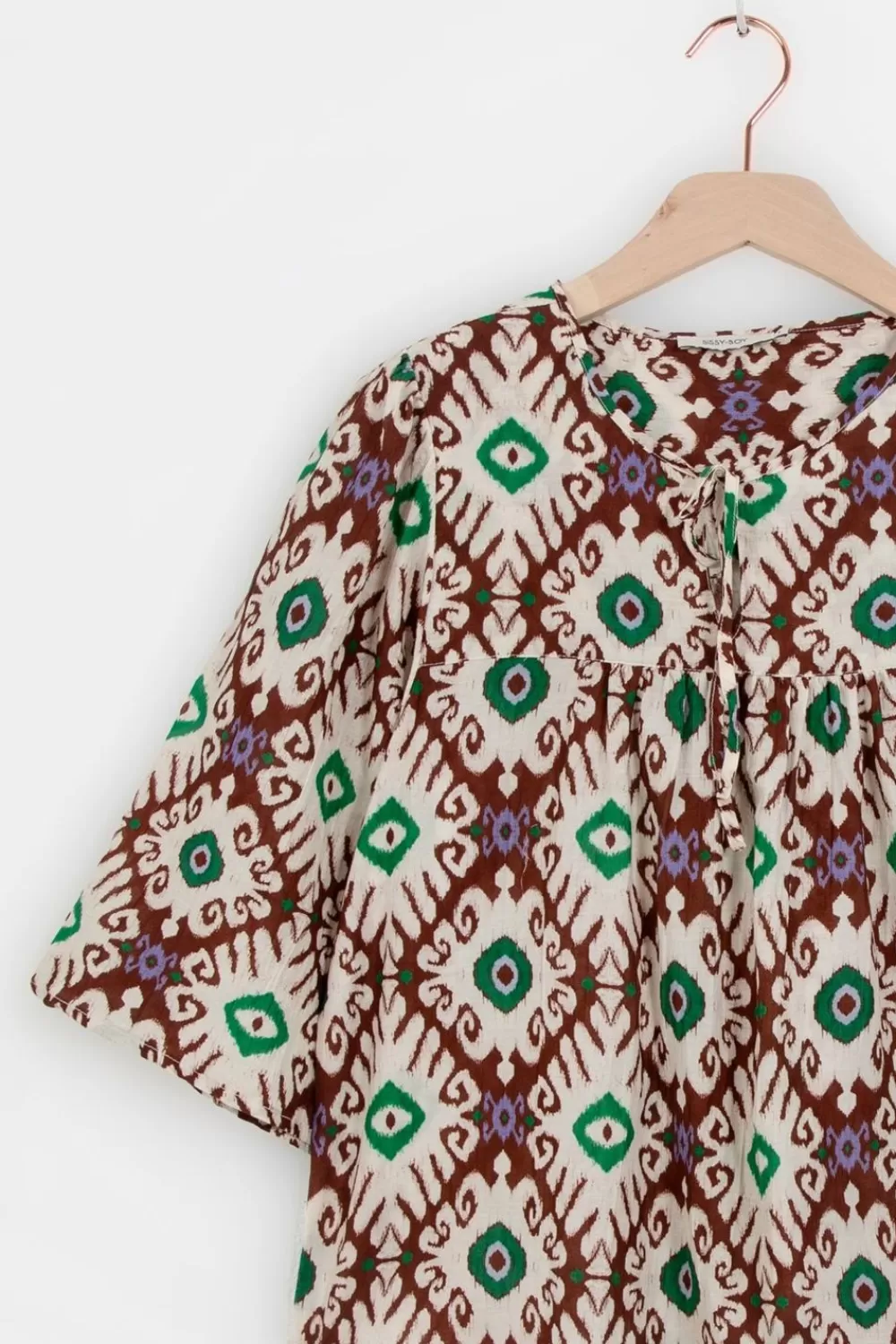 Dames Sissy-Boy T-Shirts En Tops>Donkerbruine A-Lijn Top Met Ikat Print