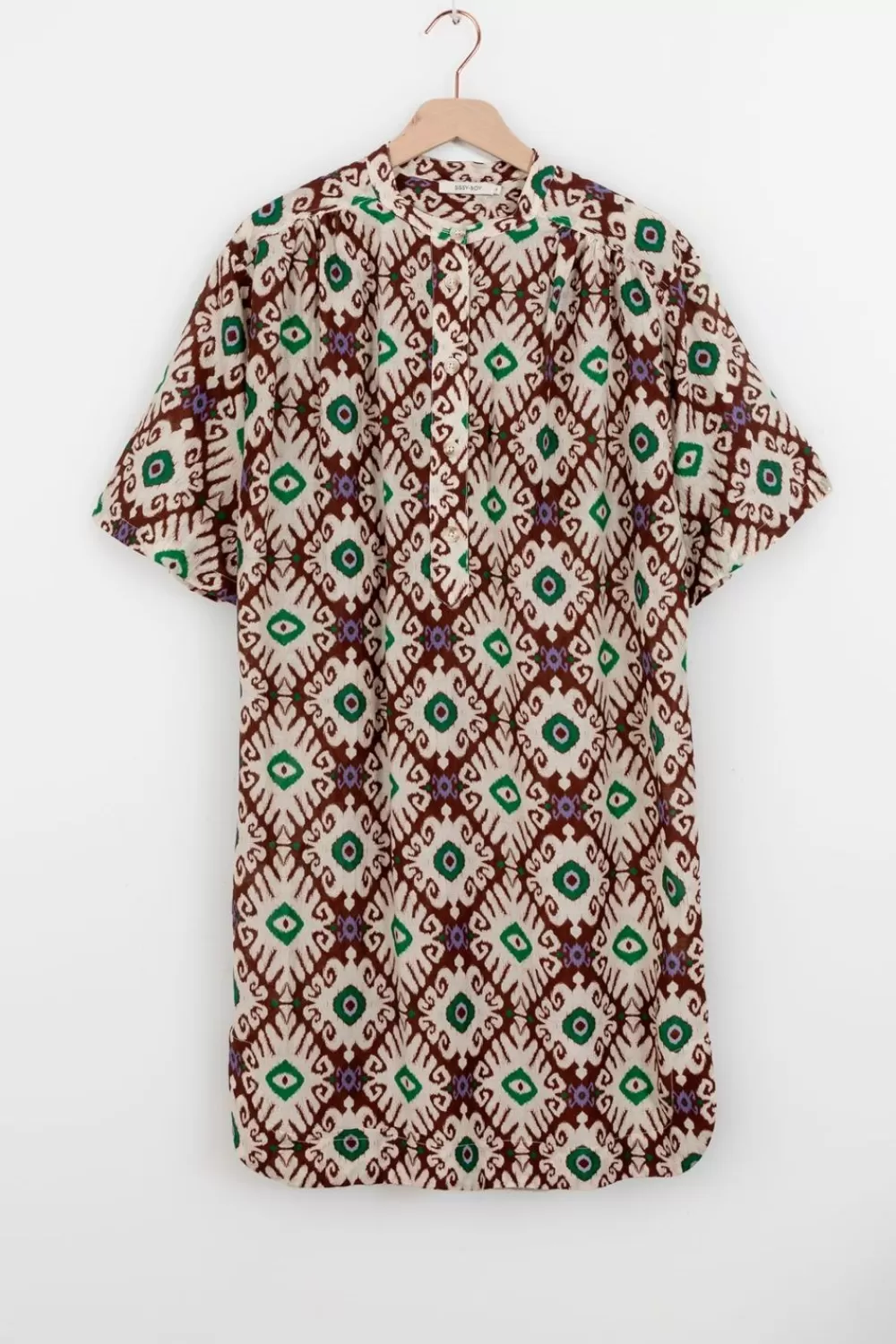 Dames Sissy-Boy Jurken>Donkerbruine Midi Jurk Met Ikat Print