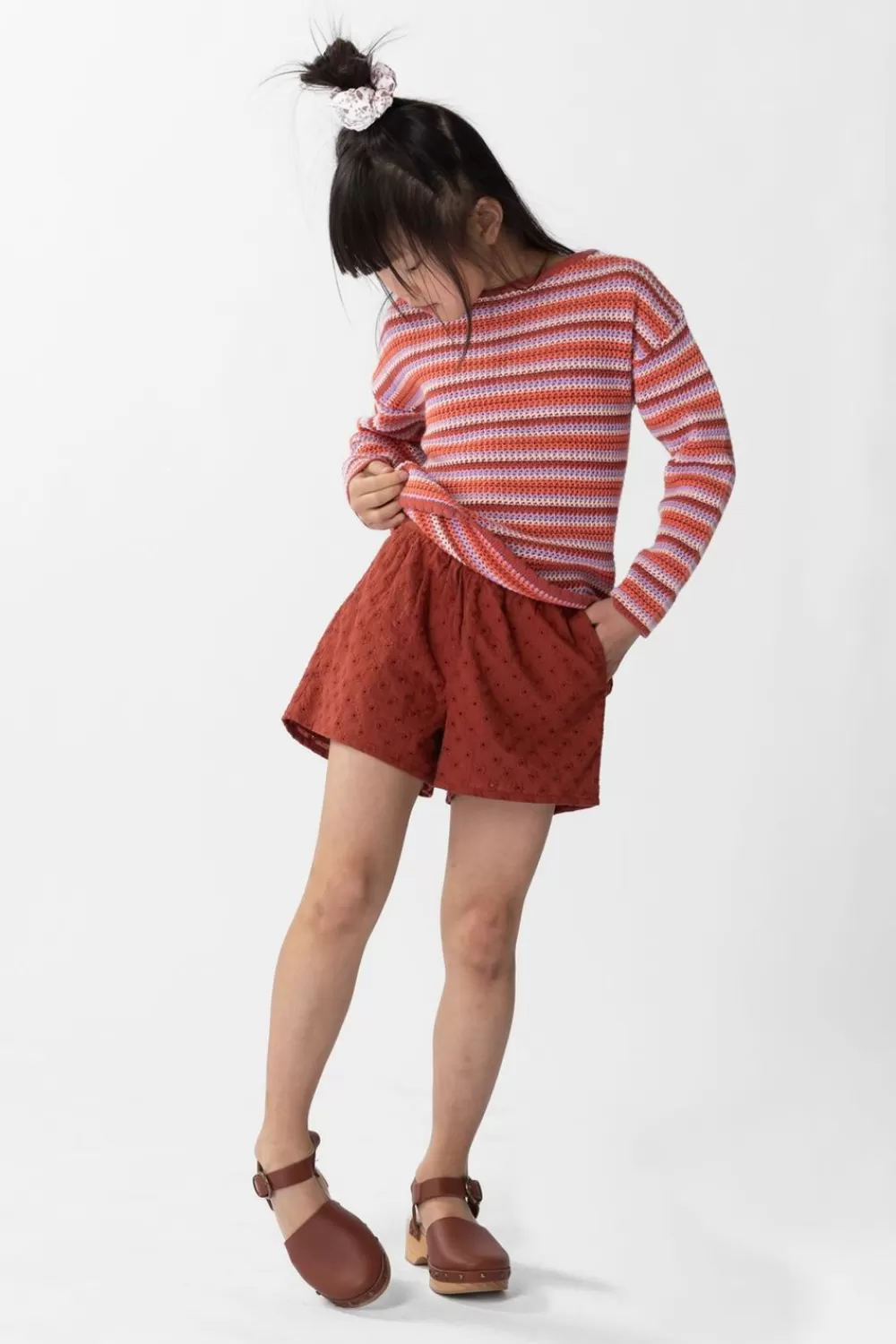 Kids Sissy-Boy Broeken>Donkerbruine Short Met Broderie Anglaise