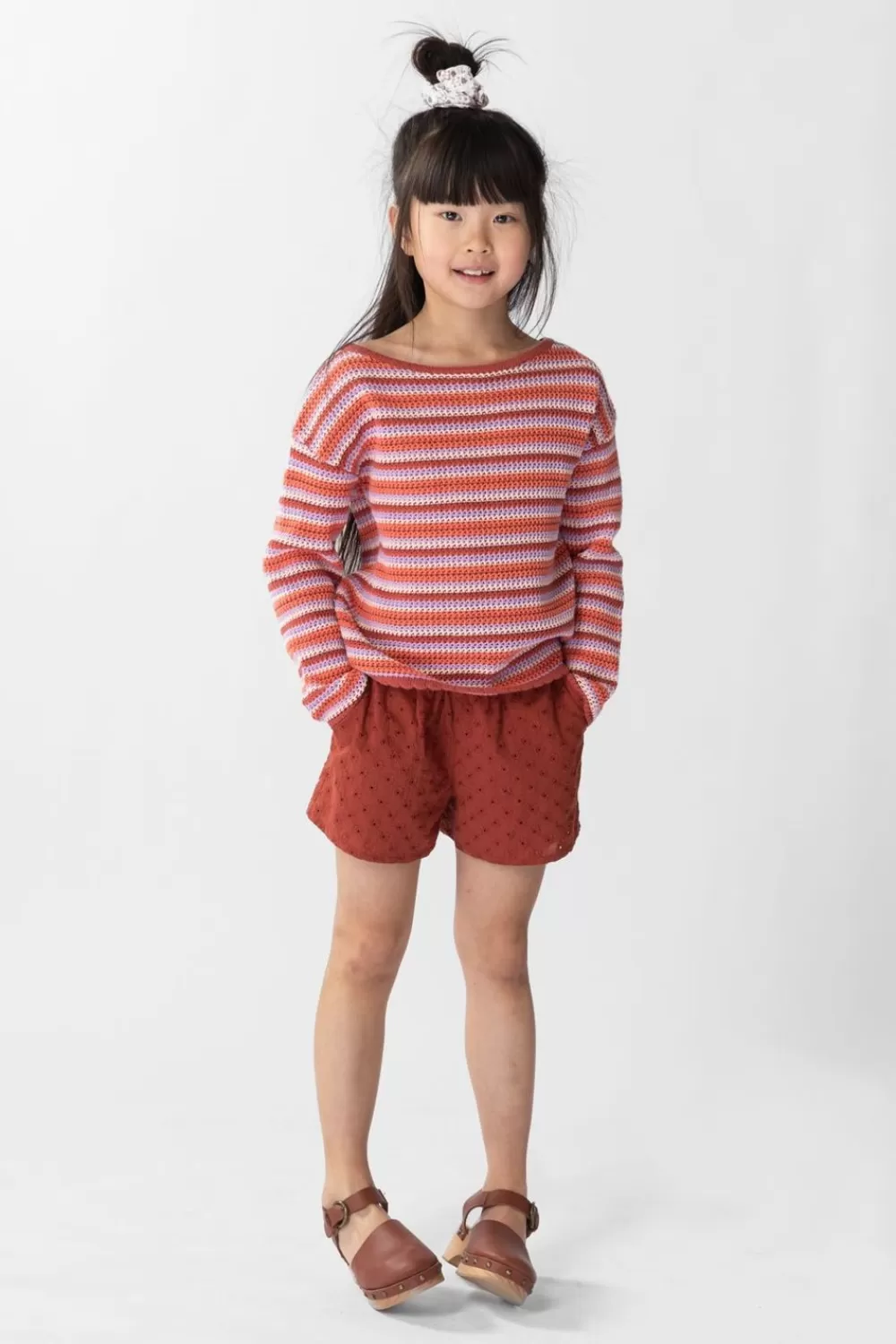 Kids Sissy-Boy Broeken>Donkerbruine Short Met Broderie Anglaise