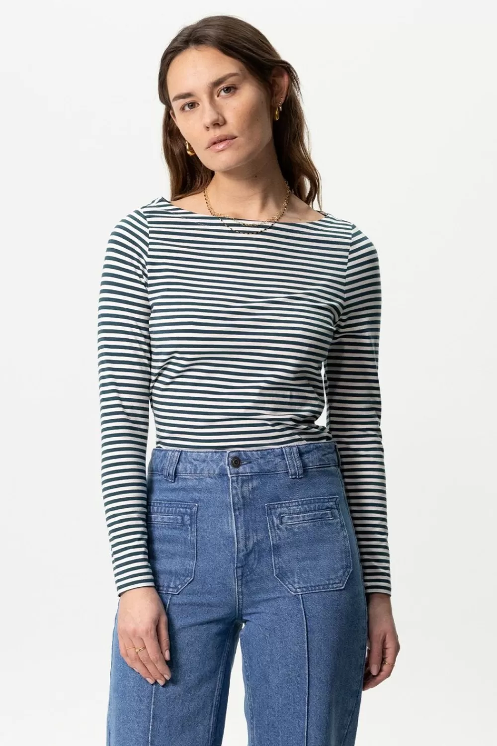 Dames Sissy-Boy T-Shirts En Tops>Donkergroen Gestreept T-Shirt Met Lange Mouwen En Boothals