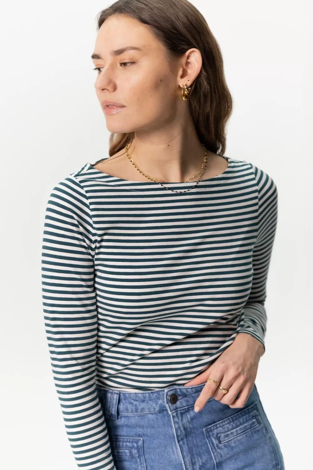 Dames Sissy-Boy T-Shirts En Tops>Donkergroen Gestreept T-Shirt Met Lange Mouwen En Boothals