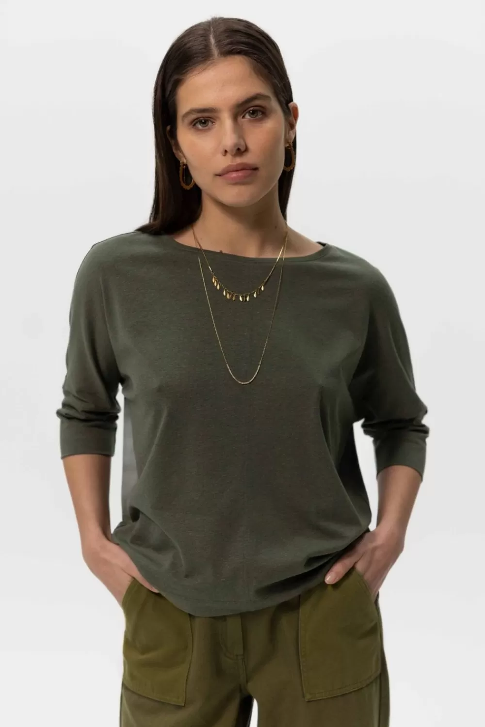 Dames Sissy-Boy T-Shirts En Tops>Donkergroen T-Shirt Met Lage Schouders