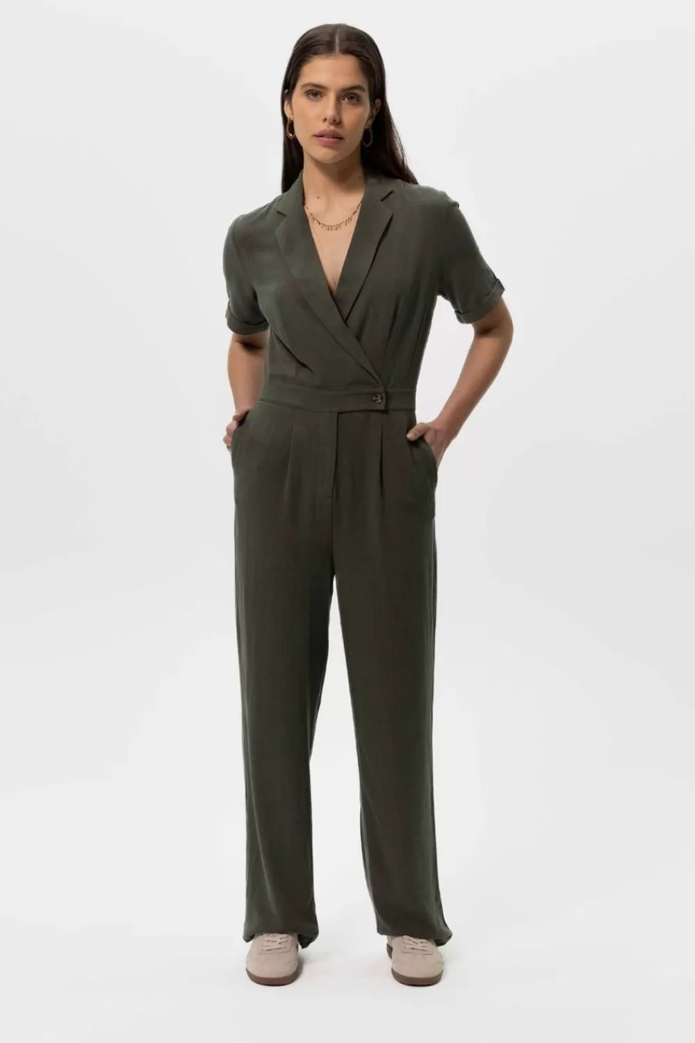 Dames Sissy-Boy Broeken>Donkergroene Linnen Straight Leg Jumpsuit