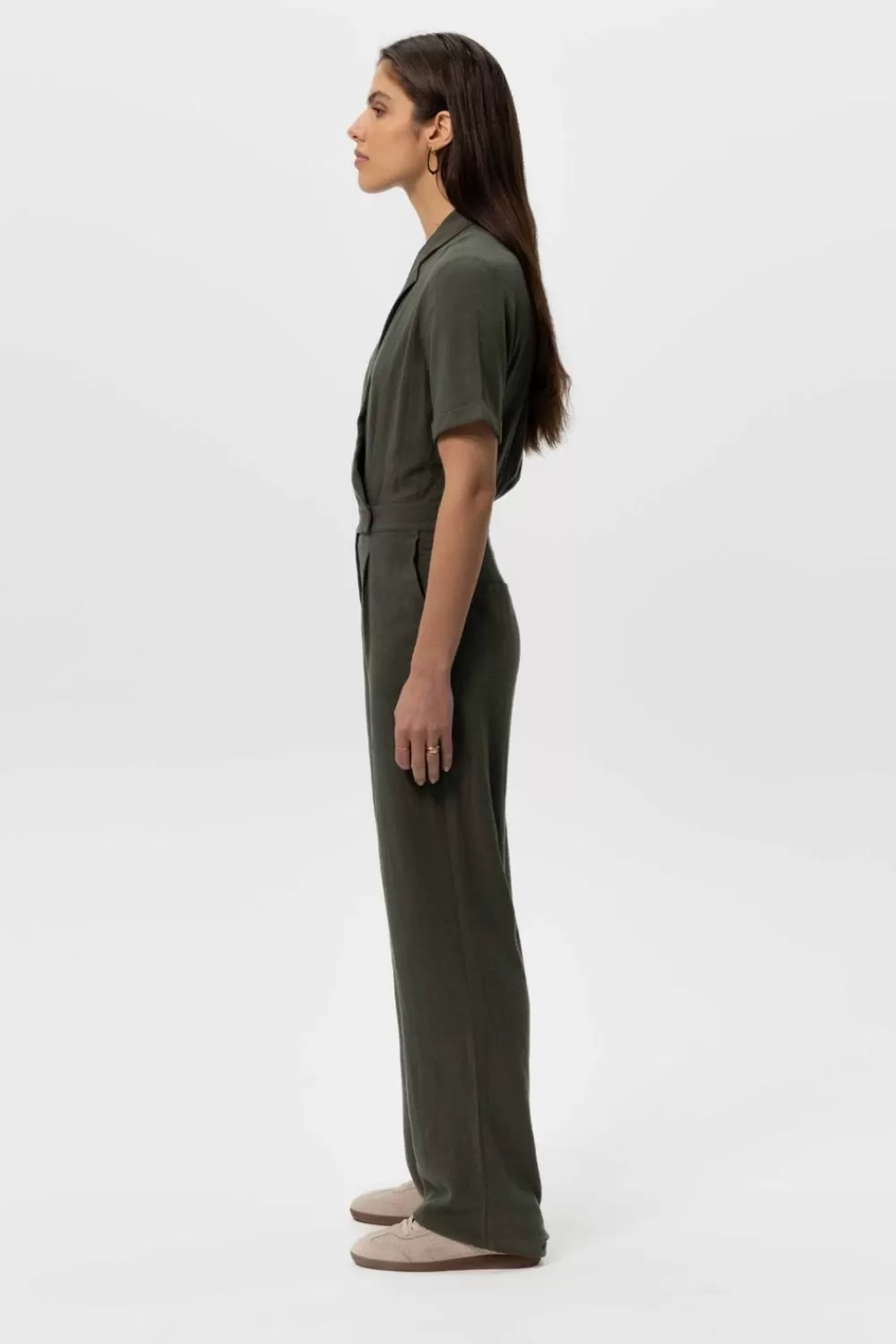 Dames Sissy-Boy Broeken>Donkergroene Linnen Straight Leg Jumpsuit