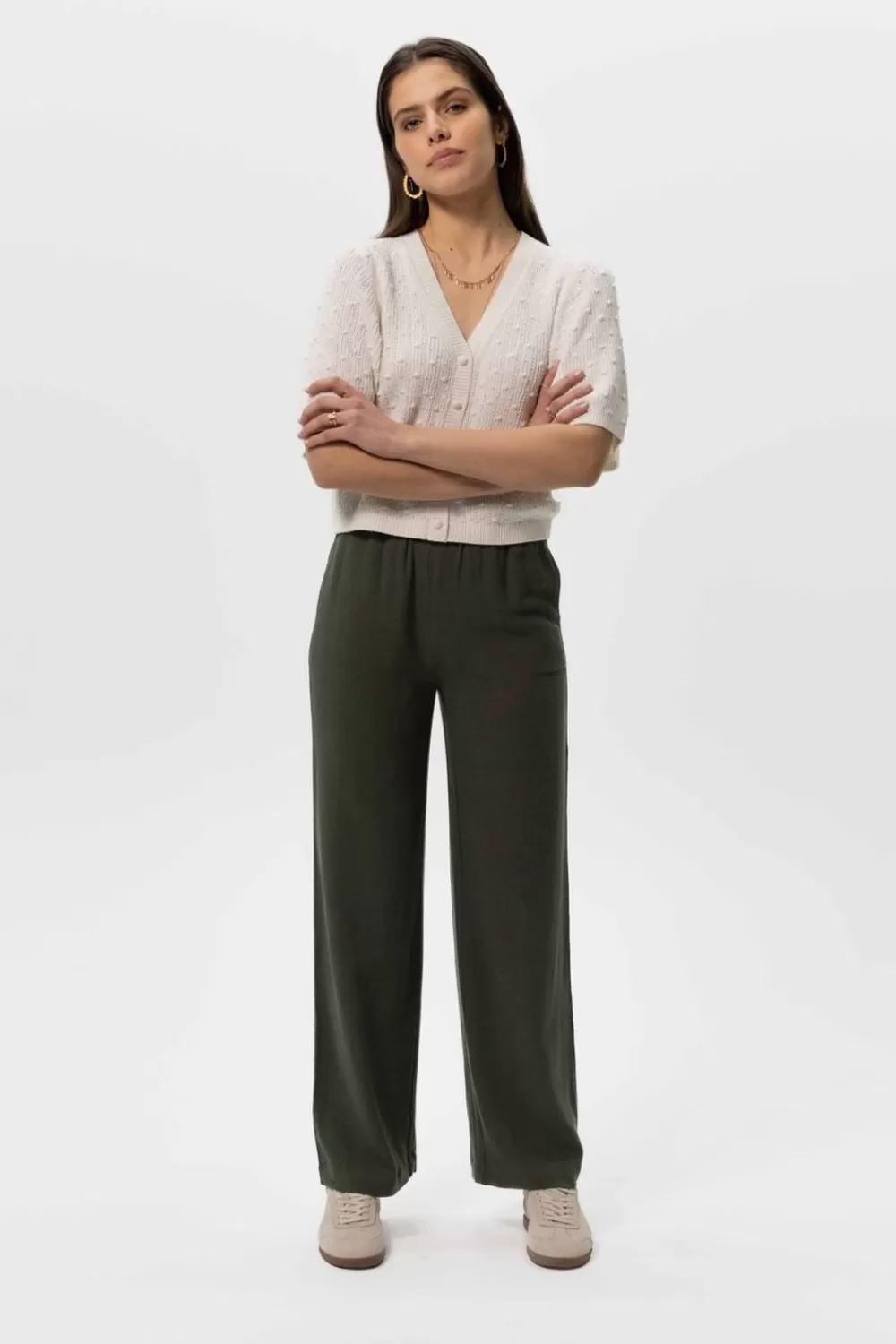 Dames Sissy-Boy Broeken>Donkergroene Linnen Wide Leg Broek