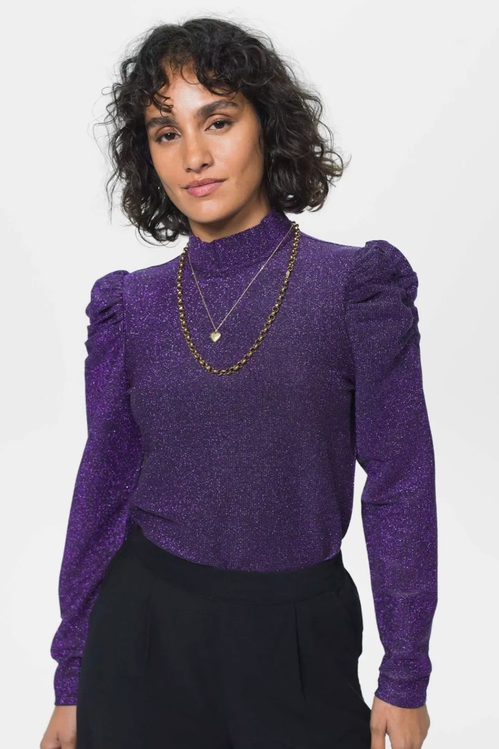 Dames Sissy-Boy T-Shirts En Tops>Donkerpaarse Lurex Top Met Pofmouwen