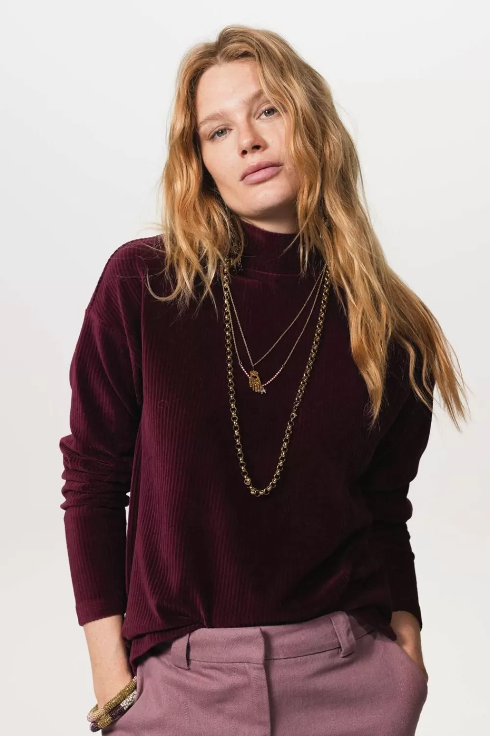 Dames Sissy-Boy T-Shirts En Tops>Donkerpaarse Rib Velvet Longsleeve