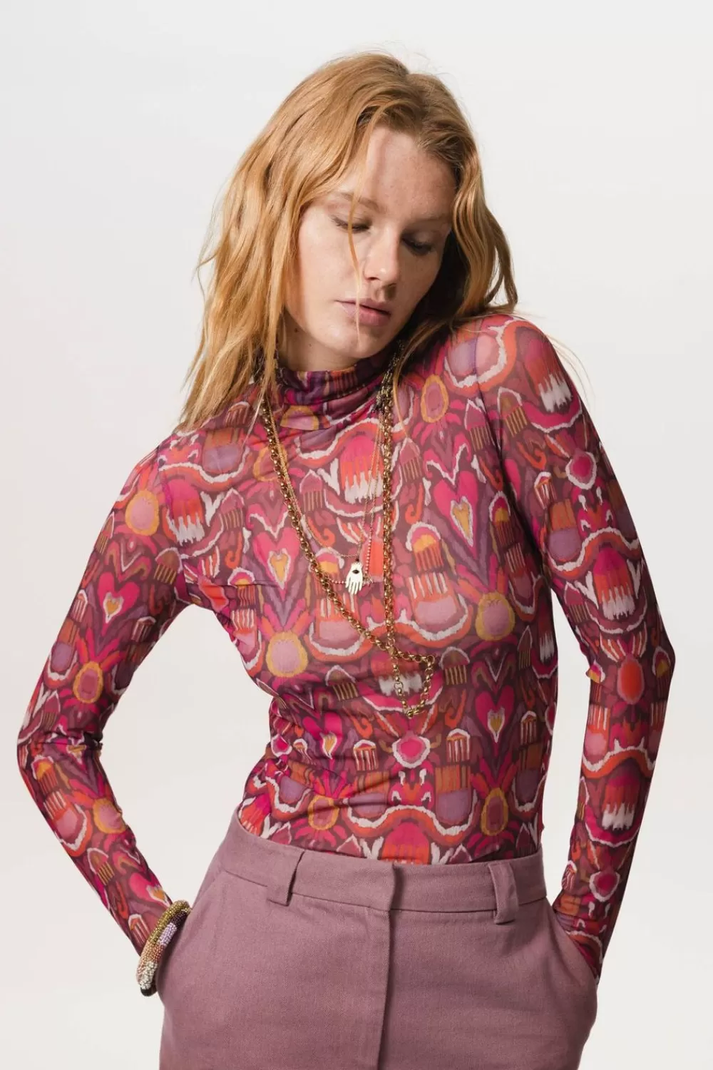 Dames Sissy-Boy T-Shirts En Tops>Donkerrode Mesh Top Met Print