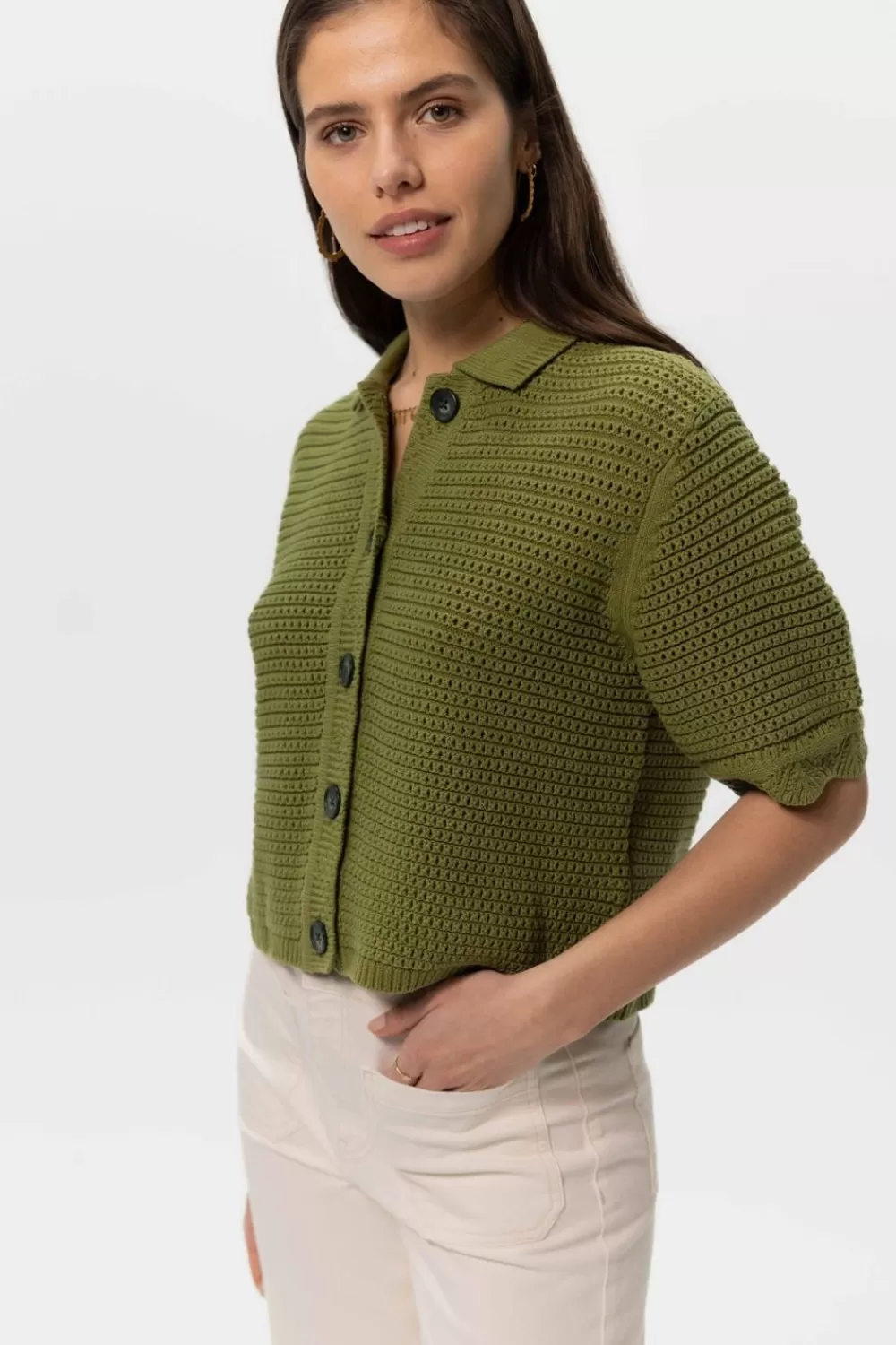 Dames Sissy-Boy Truien En Vesten>Gebreid Polo Vest Met Korte Mouwen