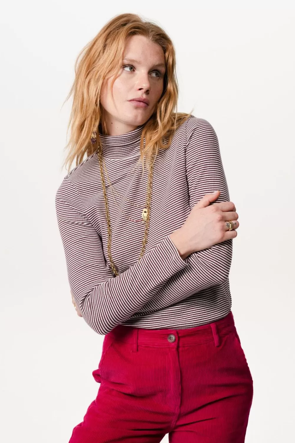 Dames Sissy-Boy T-Shirts En Tops>Gestreepte Rib Longsleeve Met Col