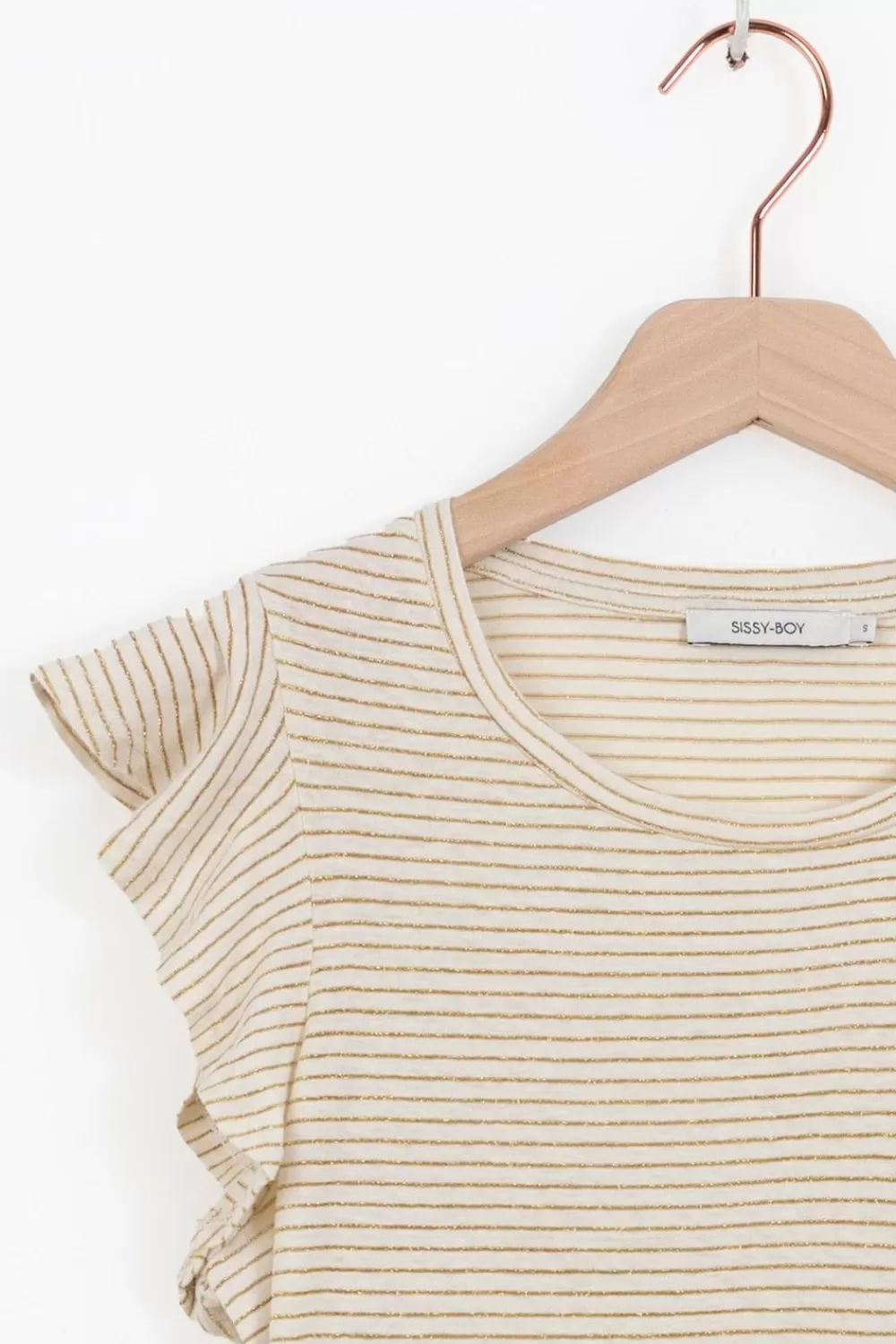 Dames Sissy-Boy T-Shirts En Tops>Goud Gestreepte Top Met Ruffles