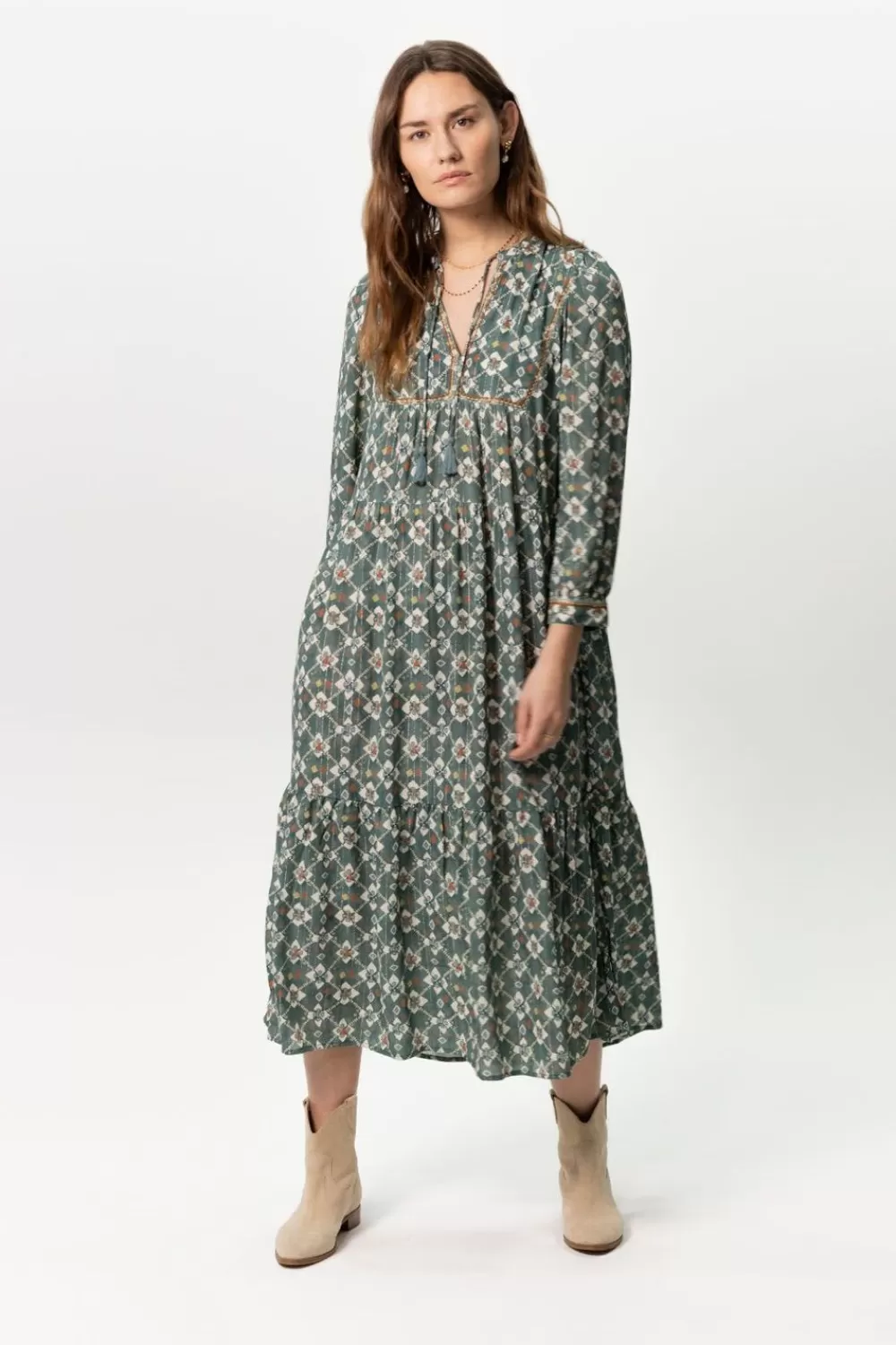 Dames Sissy-Boy Jurken>Groenblauwe Maxi Jurk Met Print En Embroidery