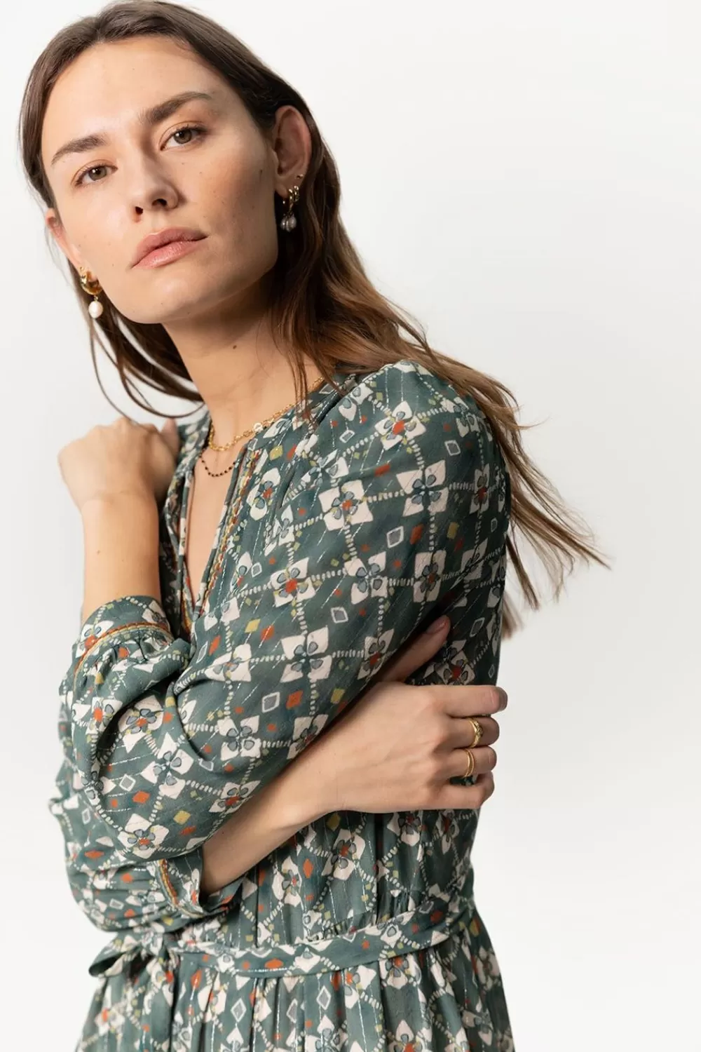 Dames Sissy-Boy Jurken>Groenblauwe Maxi Jurk Met Print En Embroidery