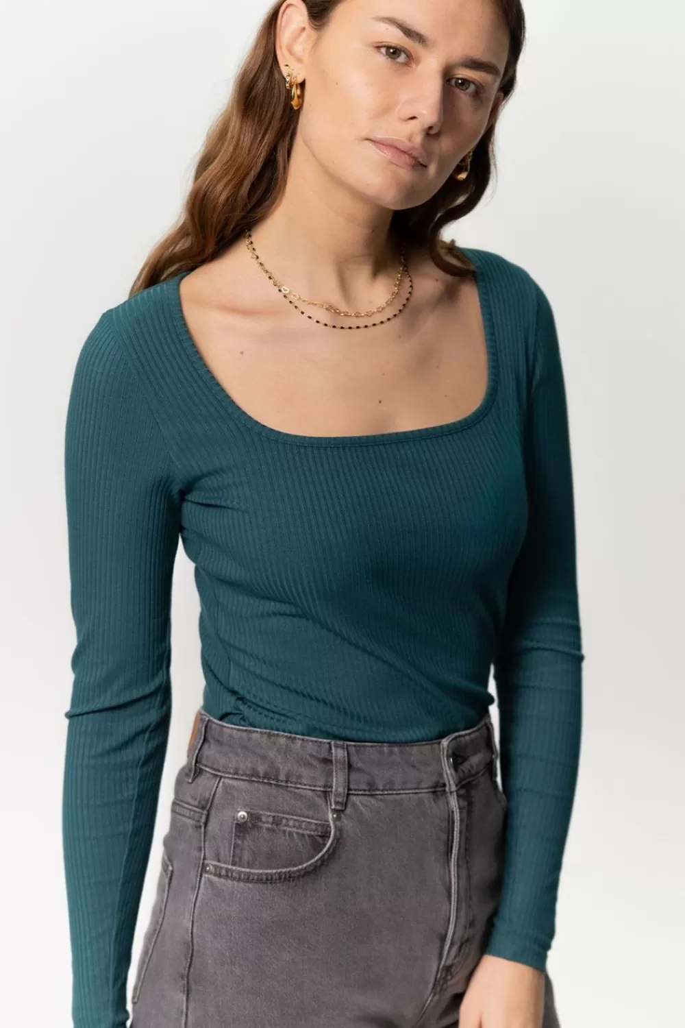 Dames Sissy-Boy T-Shirts En Tops>Groenblauwe Rib Longsleeve Met Vierkante Hals