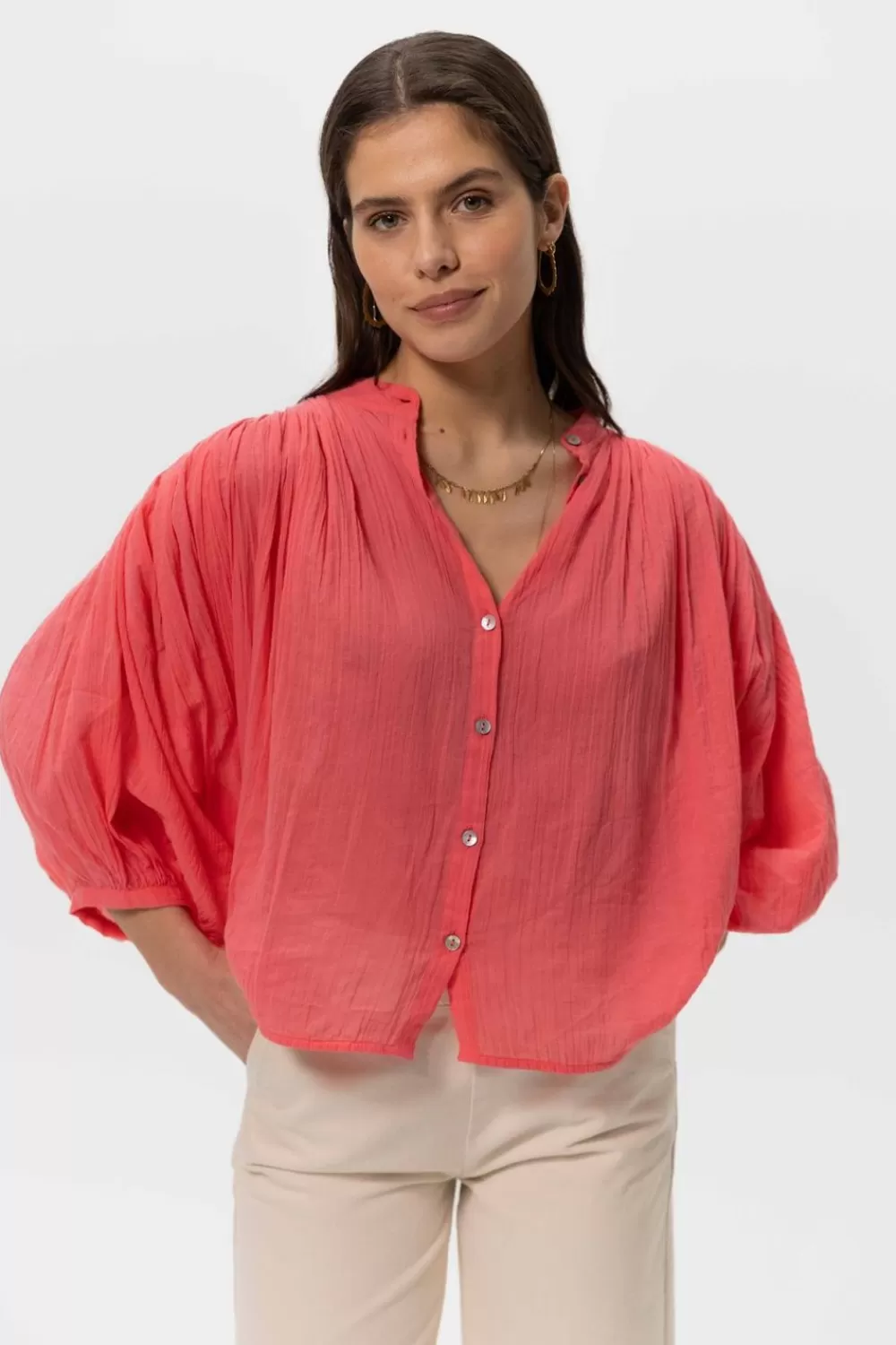 Dames Sissy-Boy Blouses>Koraaloranje Cropped Blouse Met Pofmouwen