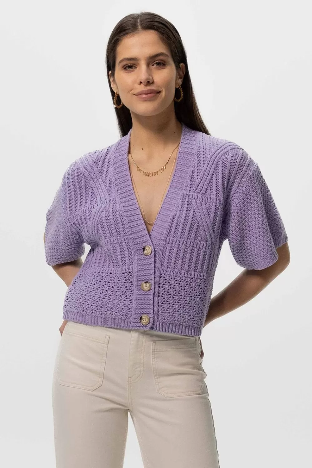 Dames Sissy-Boy Truien En Vesten>Lavendel Gebreid Vest Met Korte Mouwen