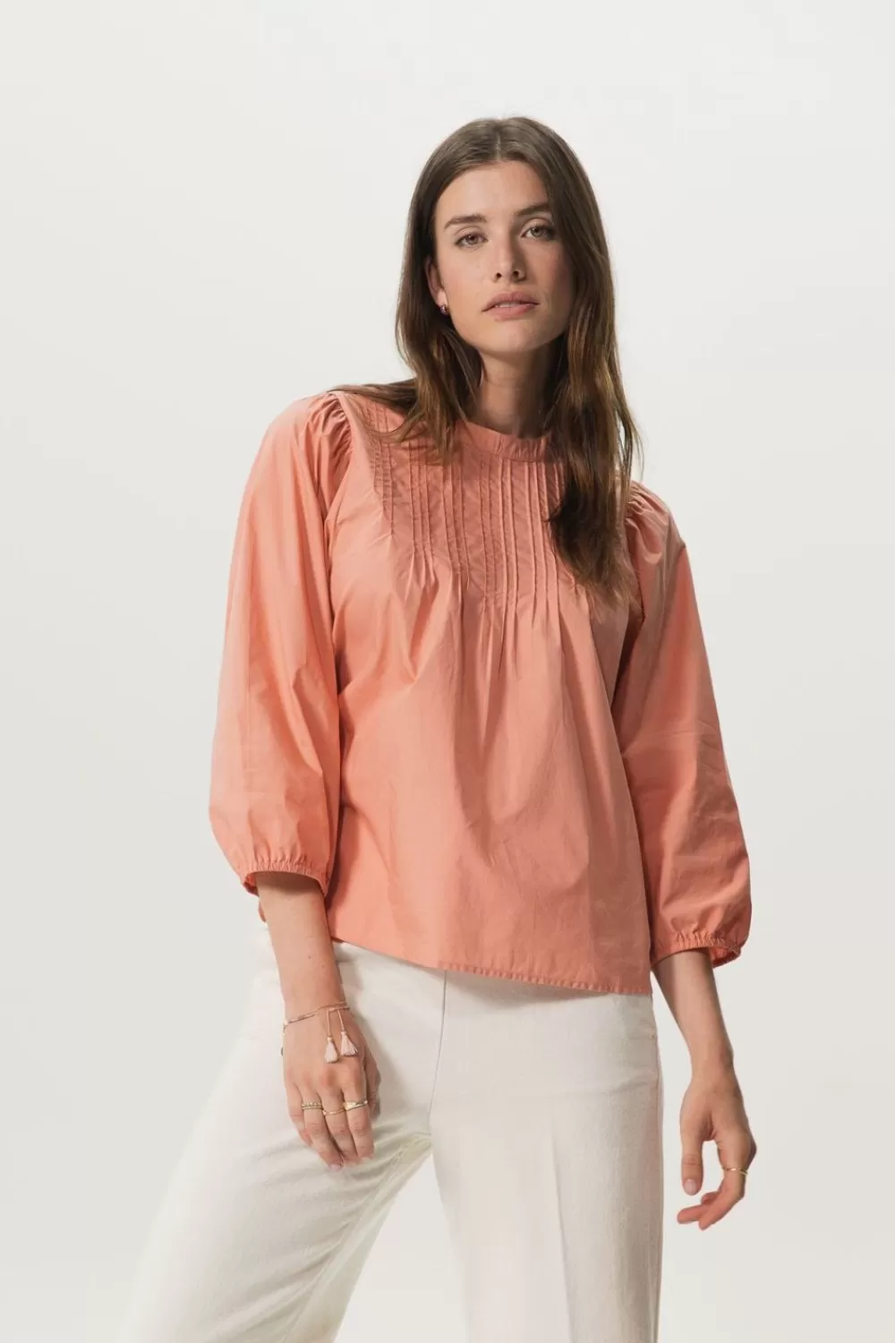 Dames Sissy-Boy Blouses>Licht Oranje Poplin Blouse Met Pintuck Detail
