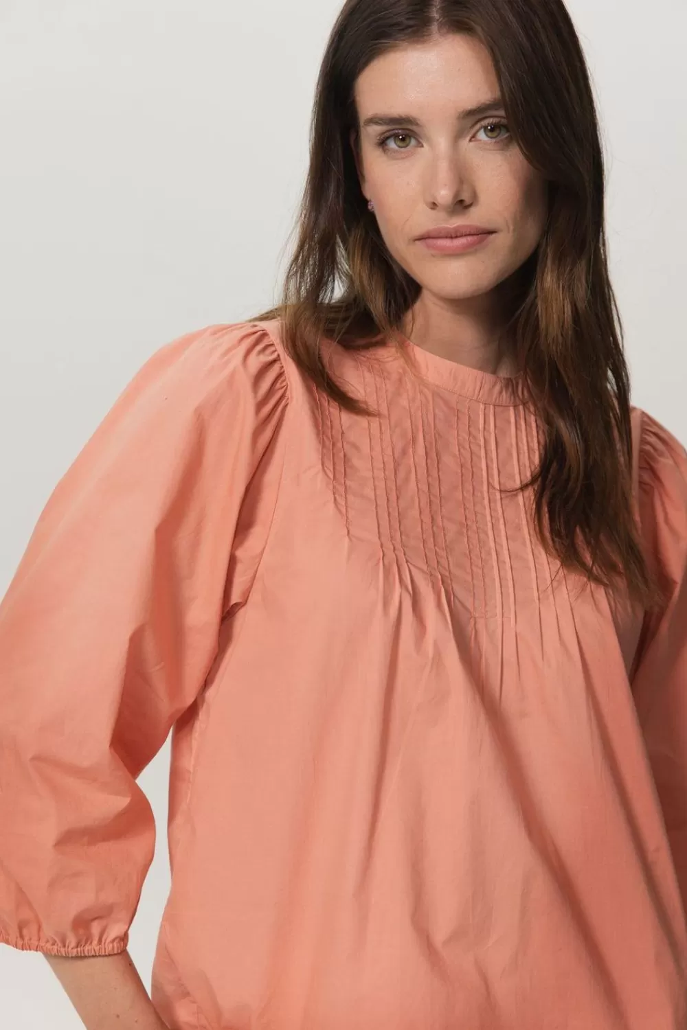 Dames Sissy-Boy Blouses>Licht Oranje Poplin Blouse Met Pintuck Detail