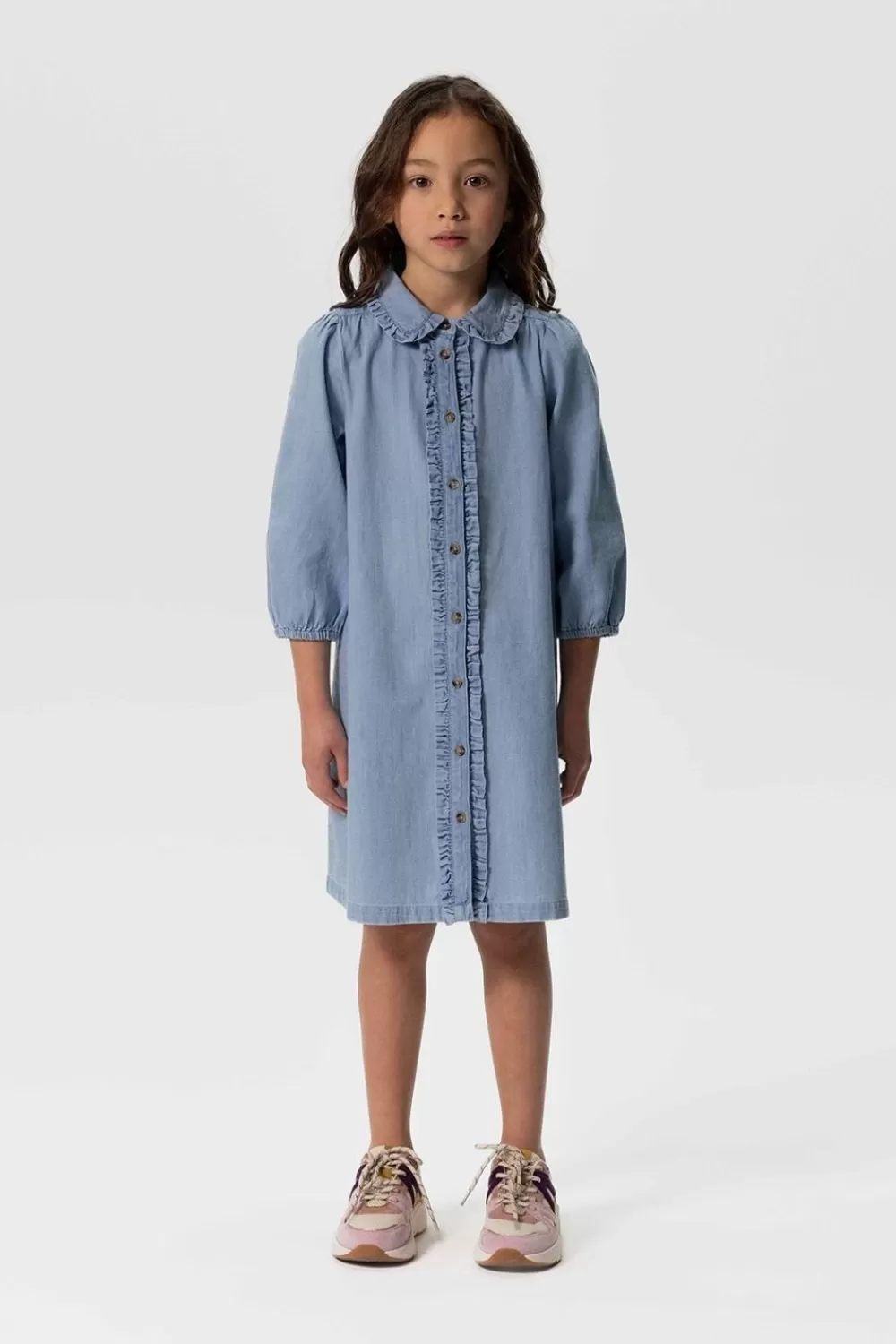 Kids Sissy-Boy Jurken>Lichtblauwe Denim Jurk Met Pofmouwen En Ruffles
