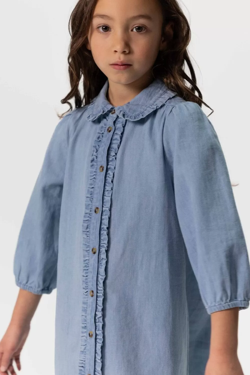 Kids Sissy-Boy Jurken>Lichtblauwe Denim Jurk Met Pofmouwen En Ruffles