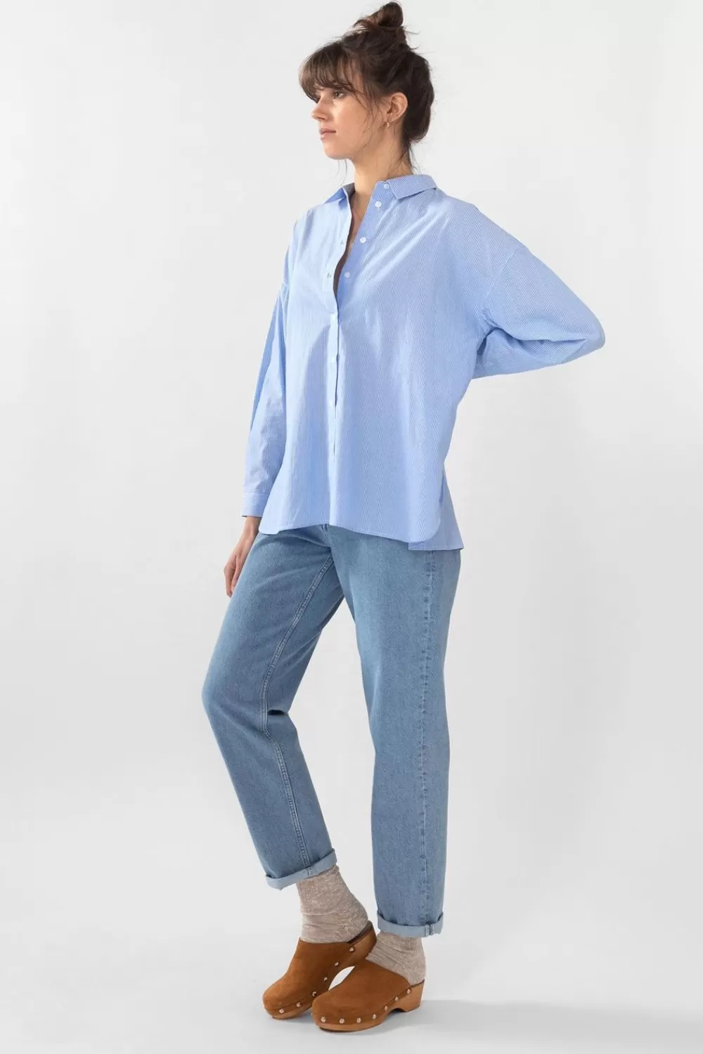 Dames Sissy-Boy Blouses>Lichtblauwe Gestreepte Oversized Blouse