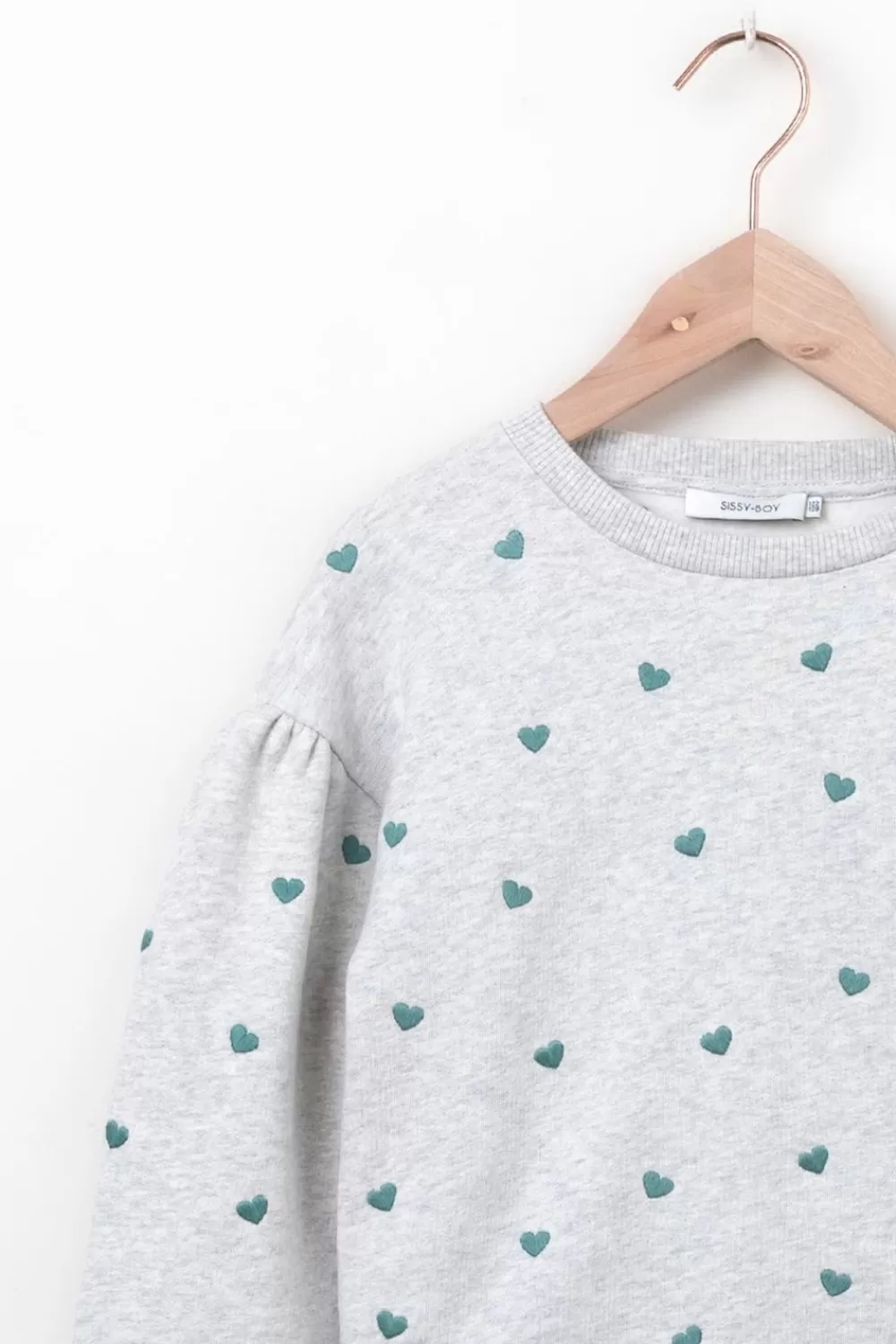 Kids Sissy-Boy Truien En Vesten>Lichtgrijze Sweater Met Pofmouwen En Hartjes Embroidery