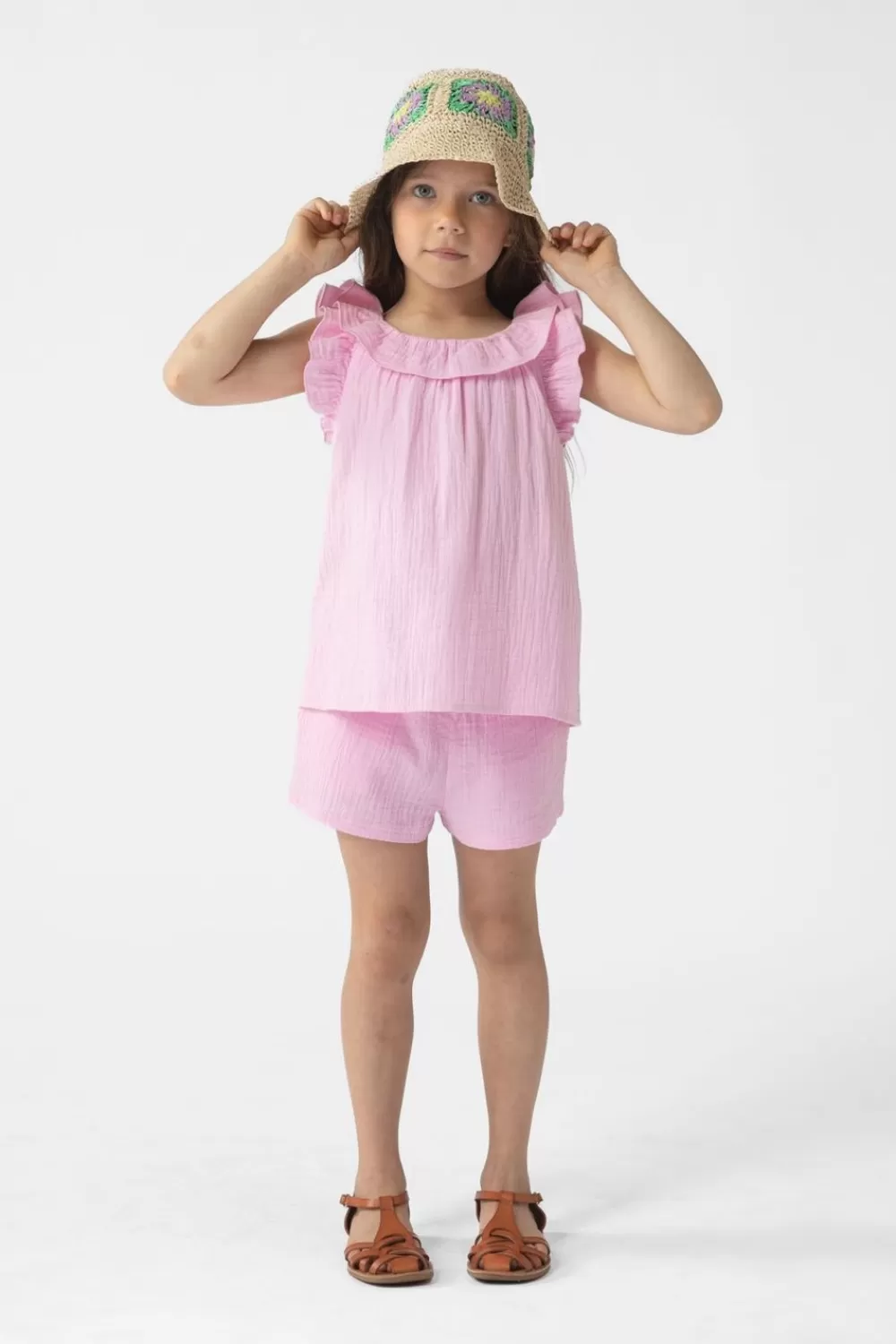 Kids Sissy-Boy T-Shirts En Tops>Lichtroze Mousseline Top Met Ruffles
