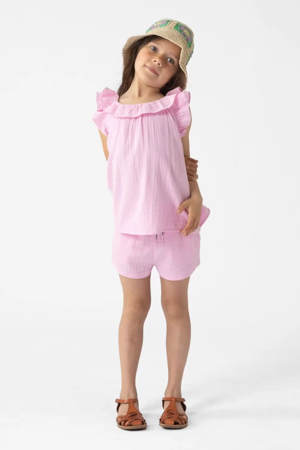Kids Sissy-Boy T-Shirts En Tops>Lichtroze Mousseline Top Met Ruffles
