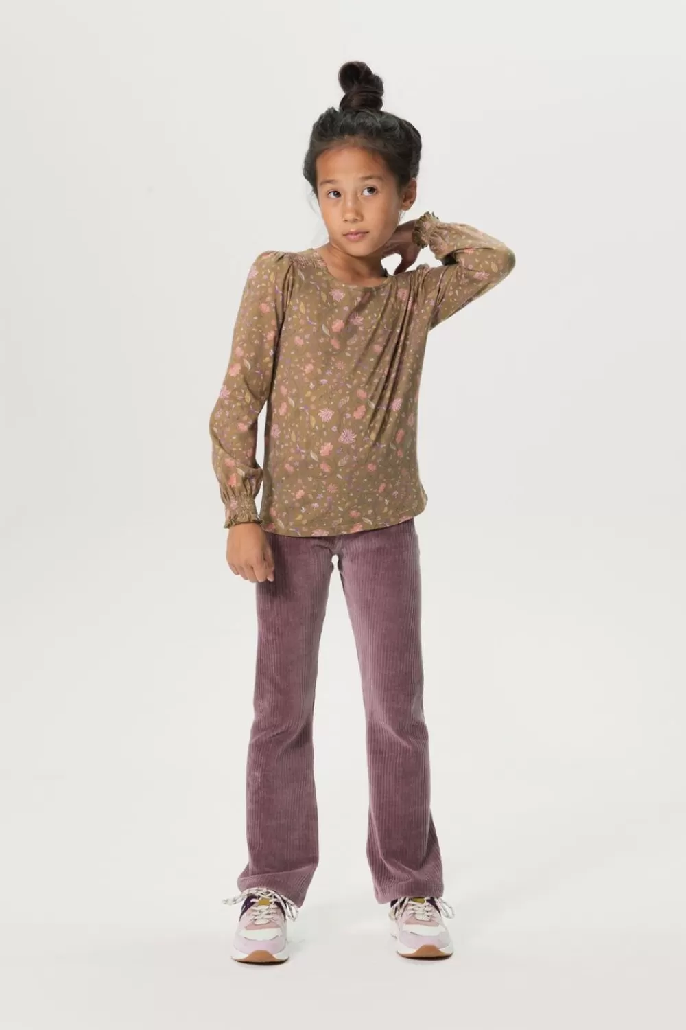 Kids Sissy-Boy T-Shirts En Tops>Mosterd Groen T-Shirt Met Pofmouwen En Bloemenprint