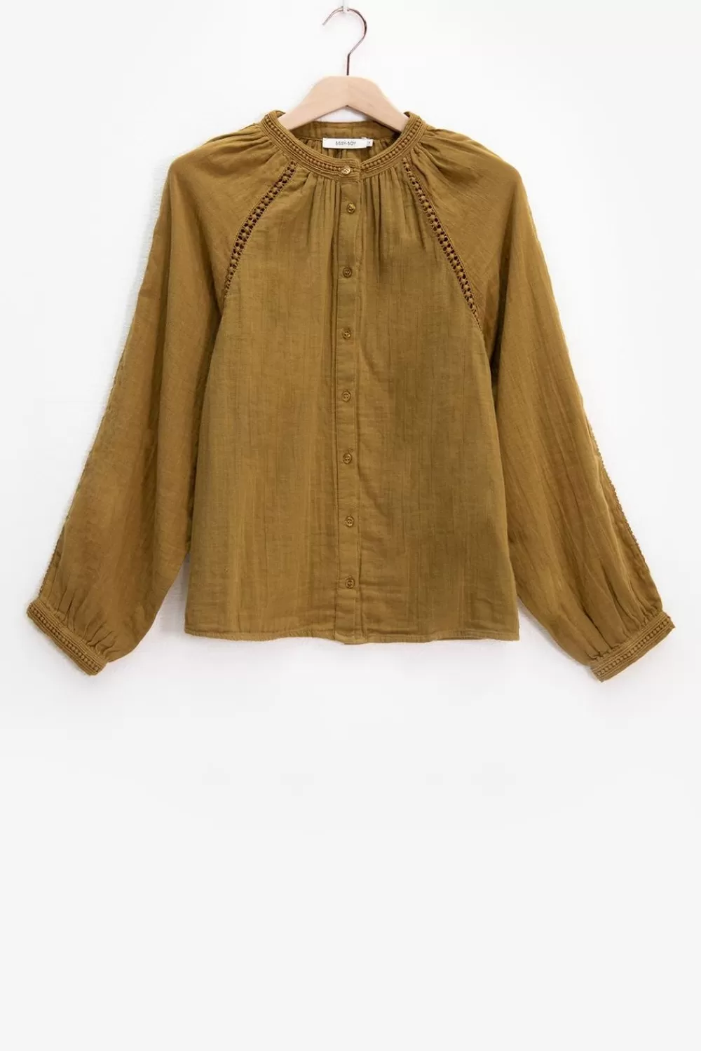 Dames Sissy-Boy Blouses>Mosterd Groene Blouse Met Raglan Mouwen En Geborduurde Details
