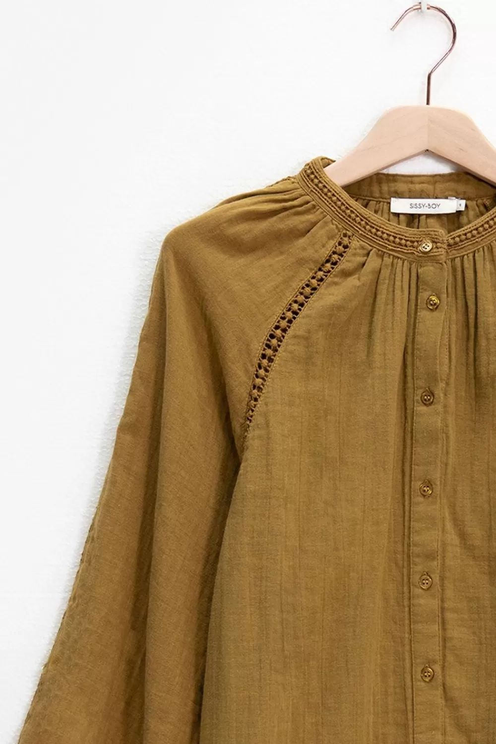 Dames Sissy-Boy Blouses>Mosterd Groene Blouse Met Raglan Mouwen En Geborduurde Details