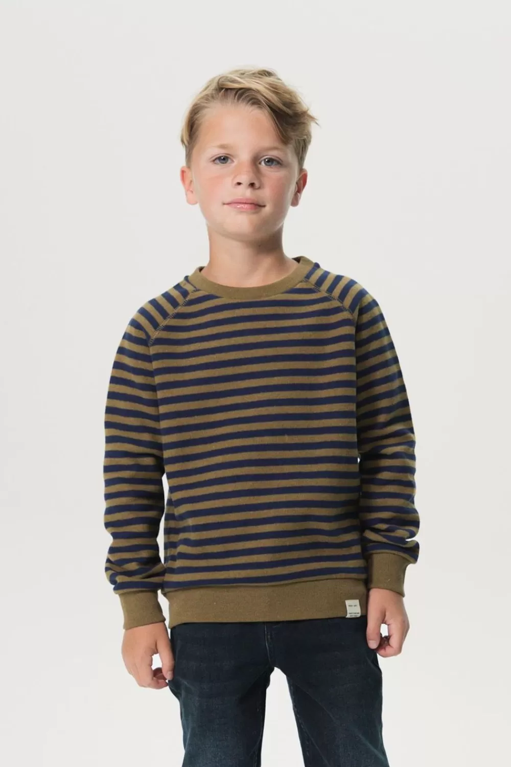 Kids Sissy-Boy Truien En Vesten>Mosterd Groene Raglan Sweater Met Donkerblauwe Strepen