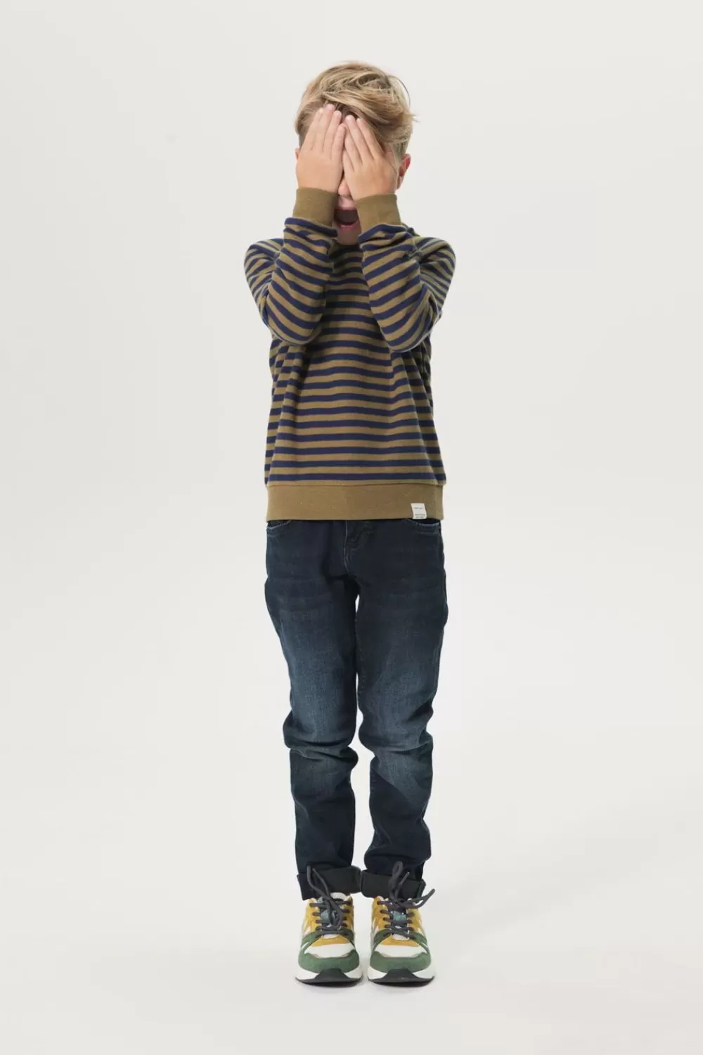Kids Sissy-Boy Truien En Vesten>Mosterd Groene Raglan Sweater Met Donkerblauwe Strepen