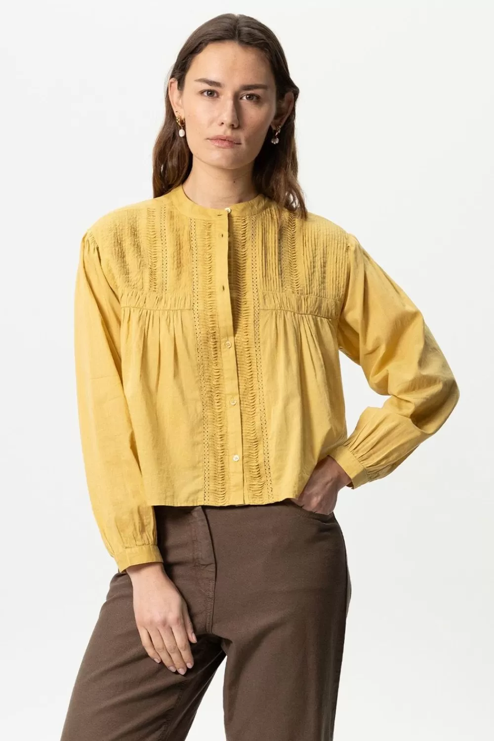 Dames Sissy-Boy Blouses>Mosterdgele Cropped Blouse Met Pintuck Details