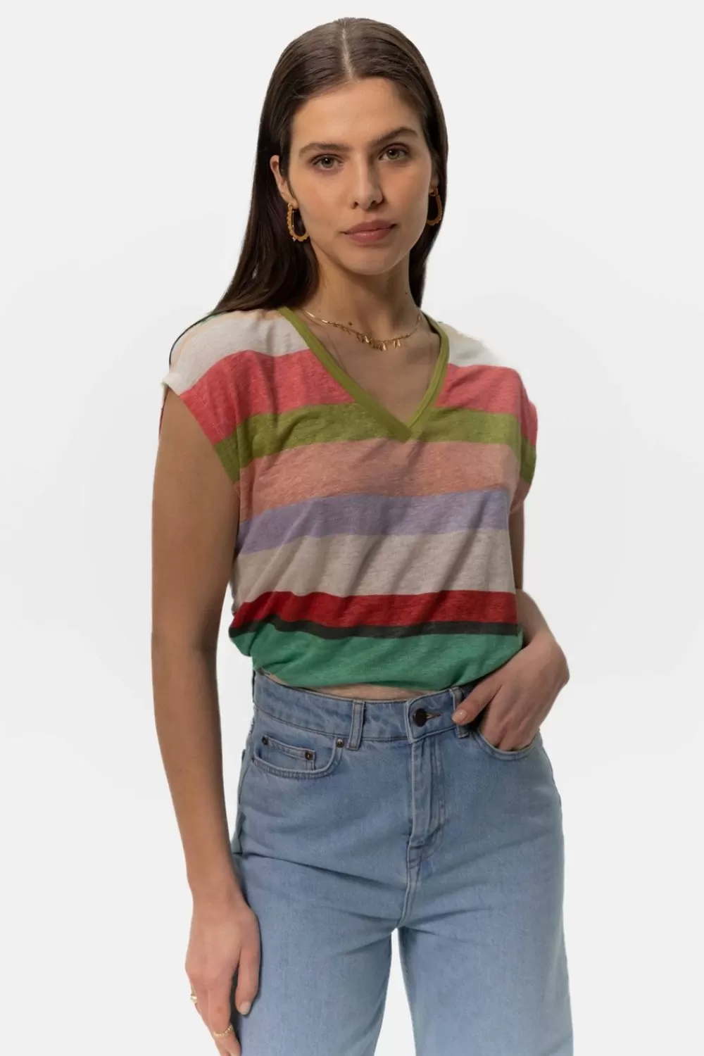 Dames Sissy-Boy T-Shirts En Tops>Multicolour Gestreept Linnen T-Shirt Met V-Hals
