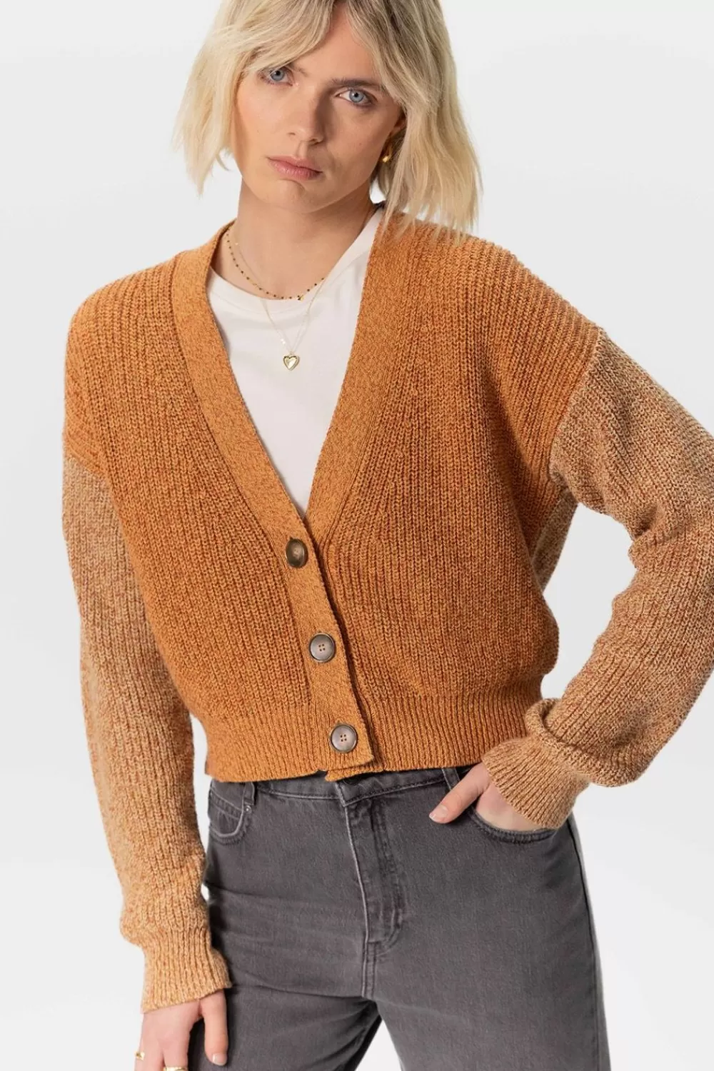 Dames Sissy-Boy Truien En Vesten>Oranje Gebreid Colourblock Vest Met Knopen