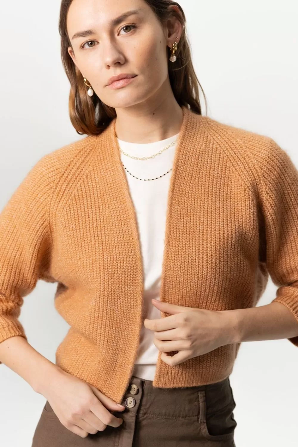Dames Sissy-Boy Truien En Vesten>Oranje Gebreid Vest Met Driekwart Mouwen