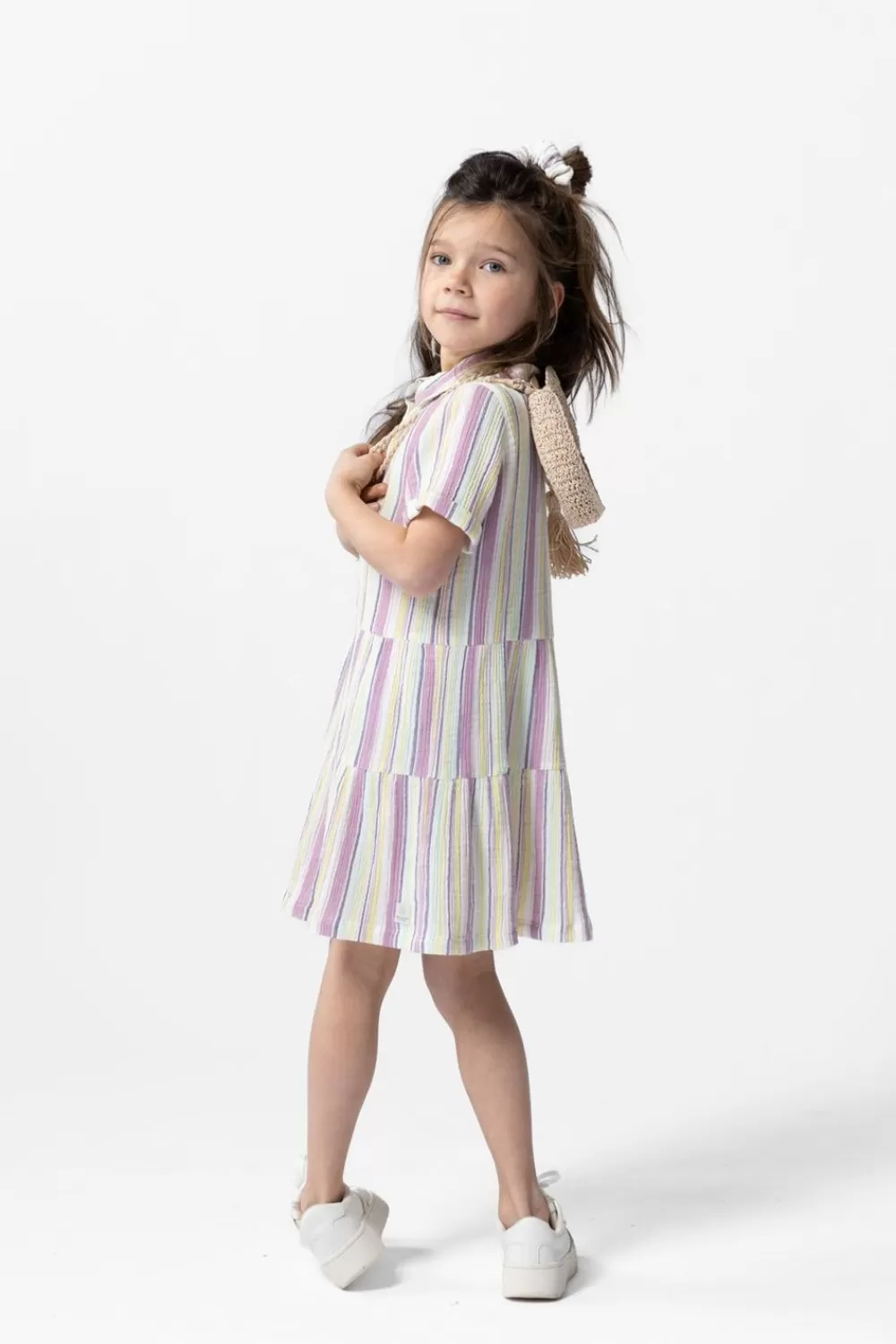 Kids Sissy-Boy Jurken>Paars Geel Gestreepte Mousseline Jurk