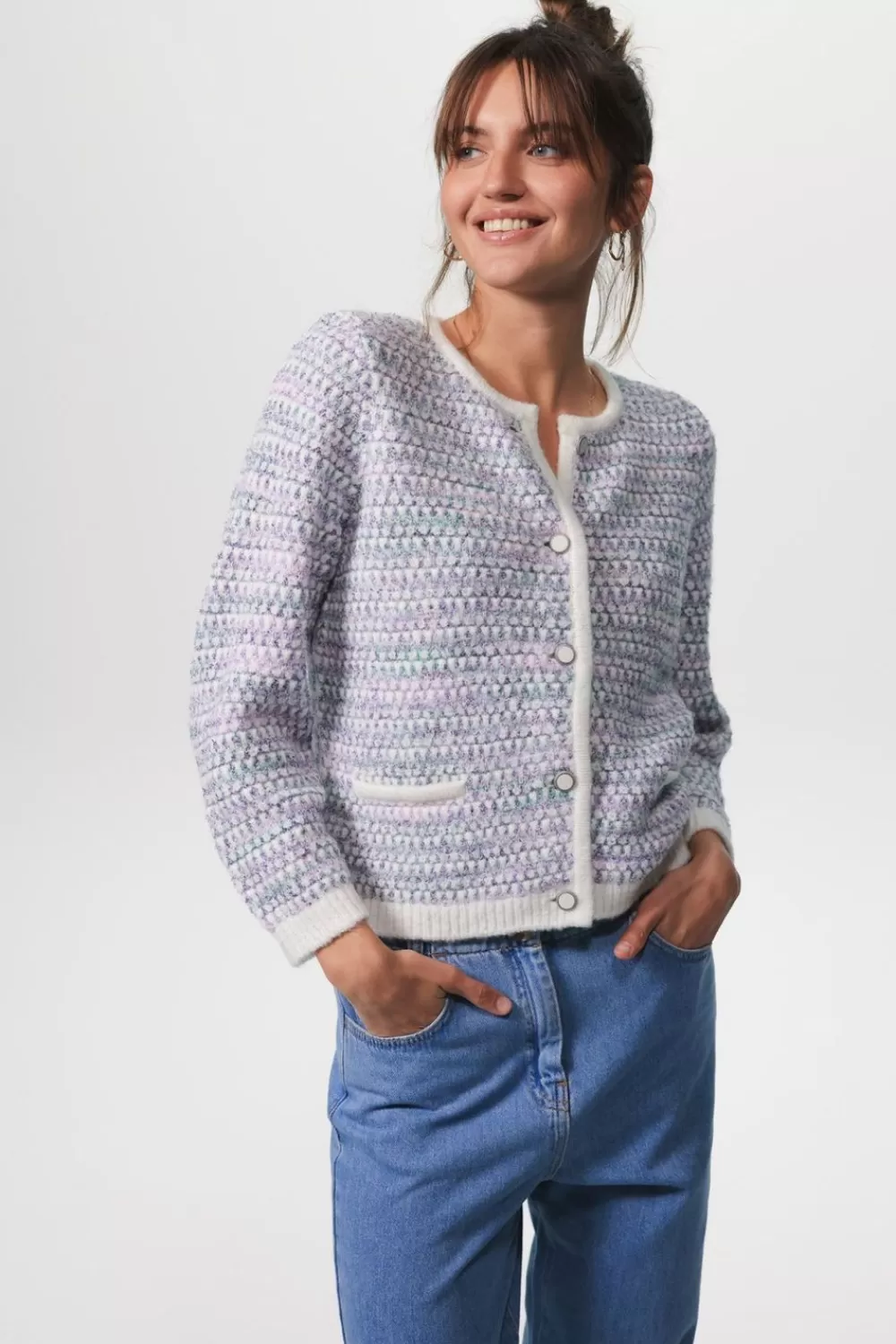 Dames Sissy-Boy Truien En Vesten>Paars Vest Met Tweed Look