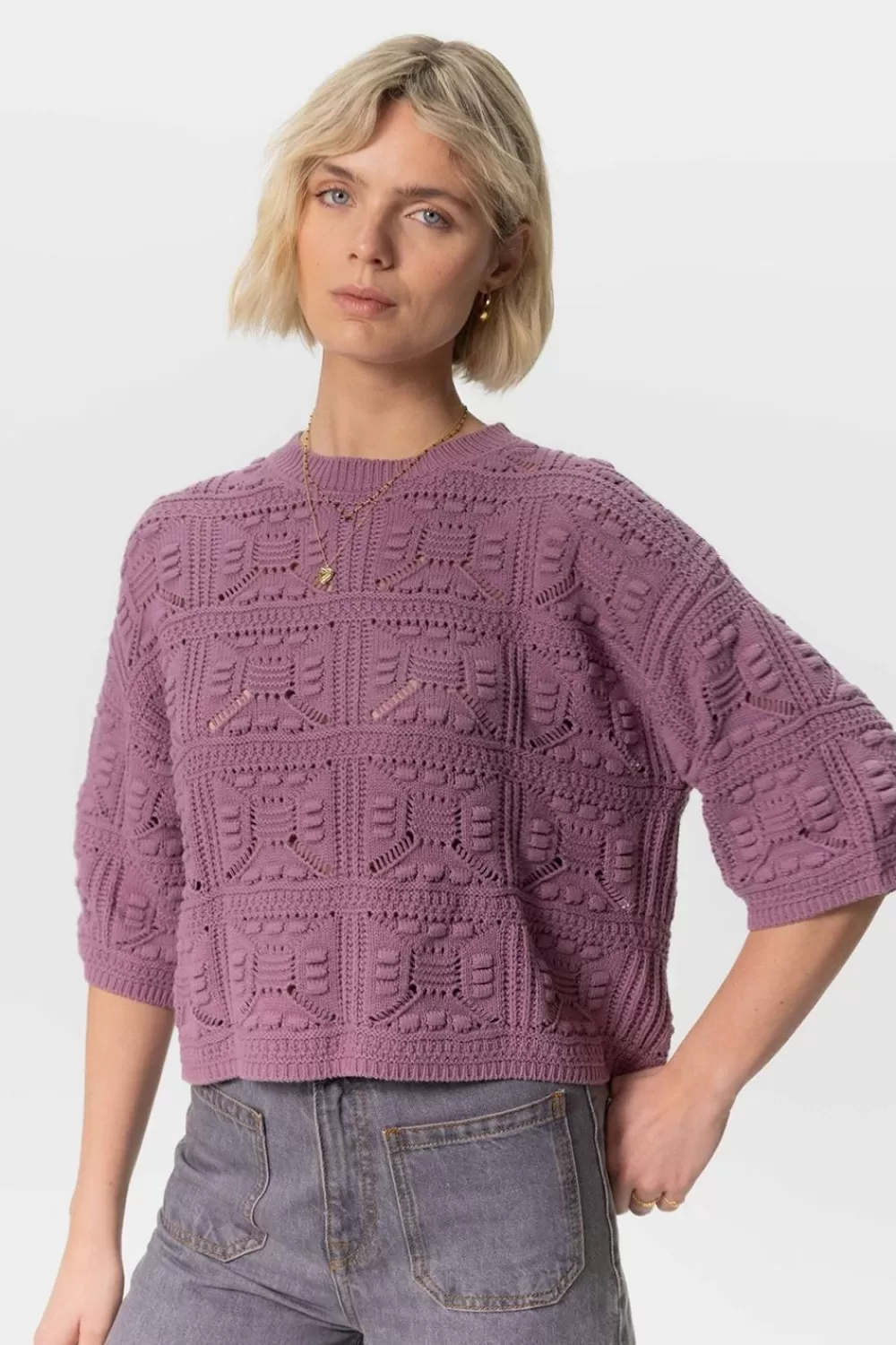 Dames Sissy-Boy Truien En Vesten>Paarse Crochet Trui Met Korte Mouwen