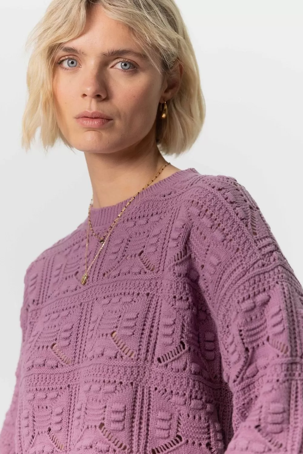 Dames Sissy-Boy Truien En Vesten>Paarse Crochet Trui Met Korte Mouwen