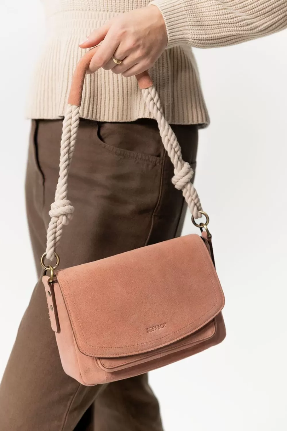 Dames Sissy-Boy Tassen>Roze Suede Schoudertas Met Koord