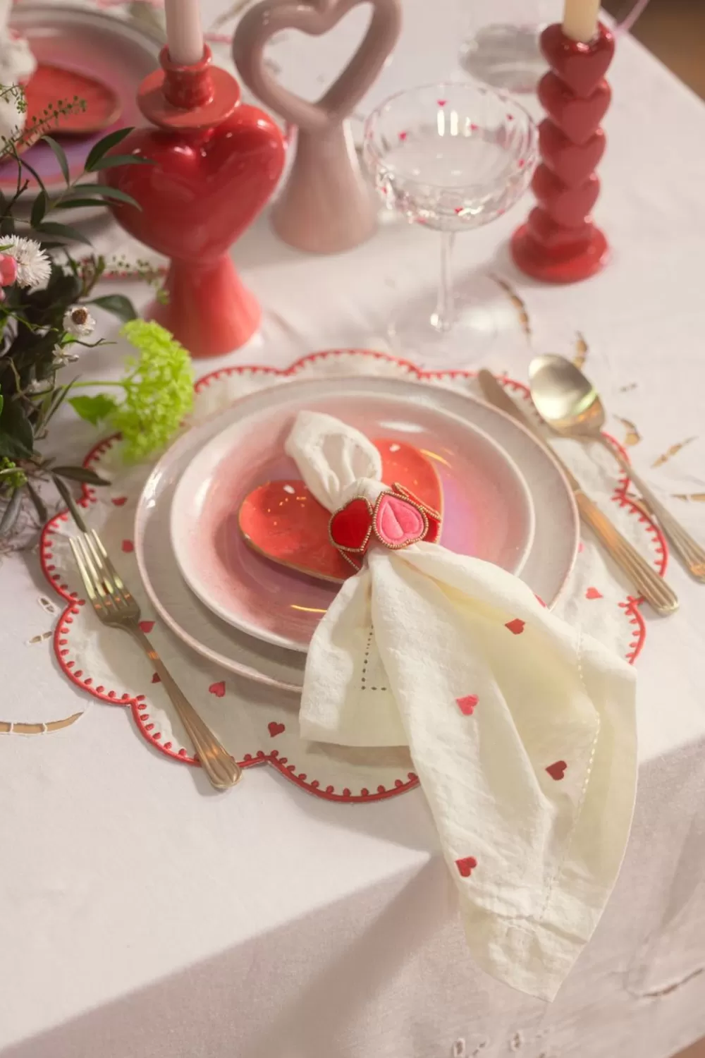 Sissy-Boy Keukentextiel>Set Van 2 Servetten Met Roze En Rode Geborduurde Hartjes