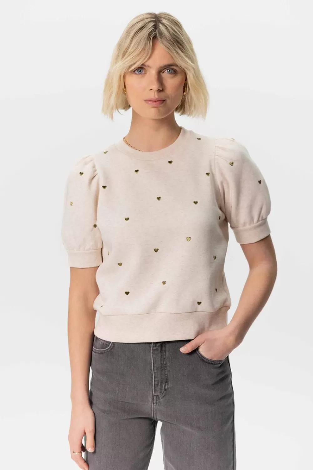 Dames Sissy-Boy Truien En Vesten>Sweater Met Korte Pofmouwen En Hartjes